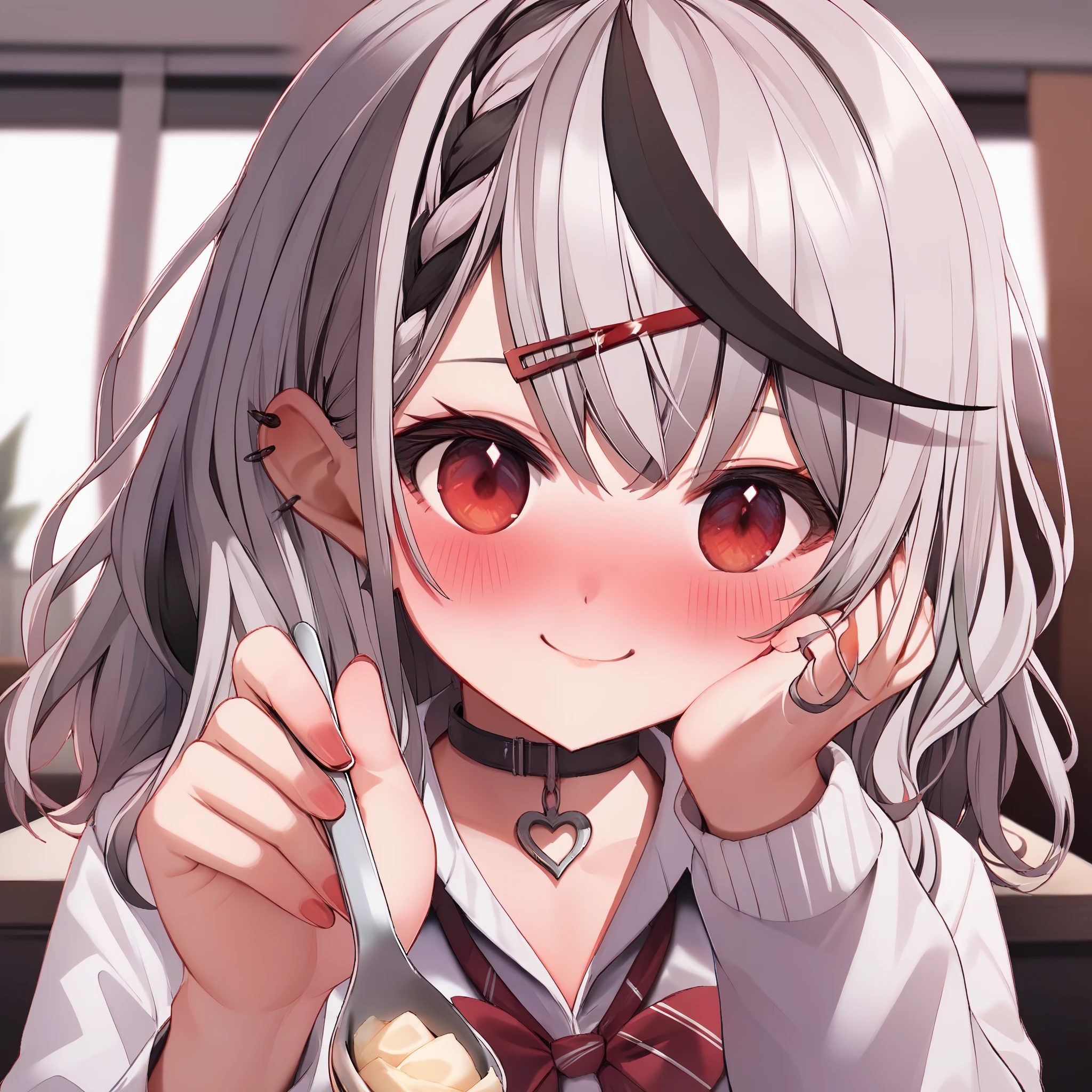 score_9, score_8_up, score_7_up, 1girl, incoming food, holding spoon, pov across table, seductive smile, hand on own ear, hair tucking, hair behind ear, hand up, adjusting hair, spoon, spoon focus, blush,sakamata chloe,school uniform,1girl,black choker,multicolored hair, streaked hair, gray hair,red eyes ,braid