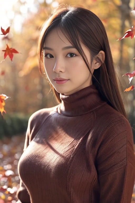 photorealistic, Real Photo, anatomically correct, accurate, textured skin, super detail, 
whole body, 1 girl, beautiful Japanese woman, 
looking at viewer, (light smile:0.5), Natural Makeup, 
large breasts, Glamorous Body, Plum Thighs, 
(Wearing a turtleneck black sweater:1.2), autumn Clothing, 
(Autumn forest, red leaves all over the ground:1.4), (Magnificent autumn sunset sky:1.2) , Autumnal tree in the foreground, autumn trees and leaves,  
A pleasant breeze, natural lighting, (backlighting), (face rim light:1.2), blurred background, depth of field, UHD, 8k