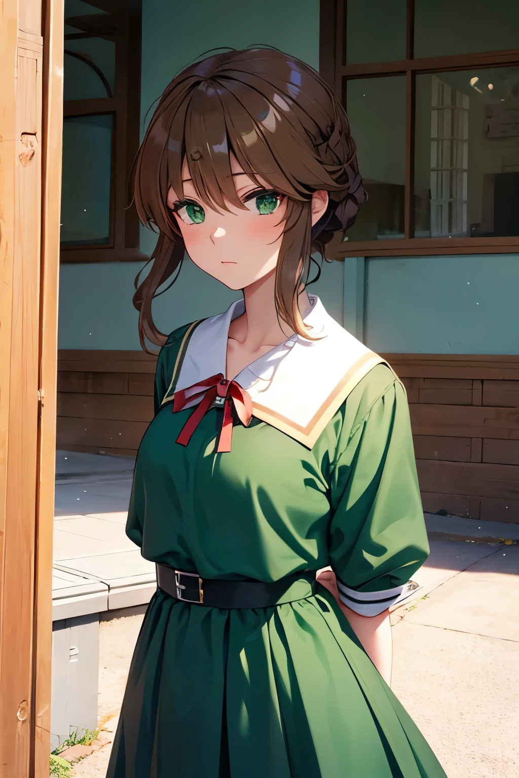 beautiful,cool,lady, brown hair, green eyes,tsurime,In the background is a German  school in the 1950s, and the children are wearing uniforms,child,short messy hair