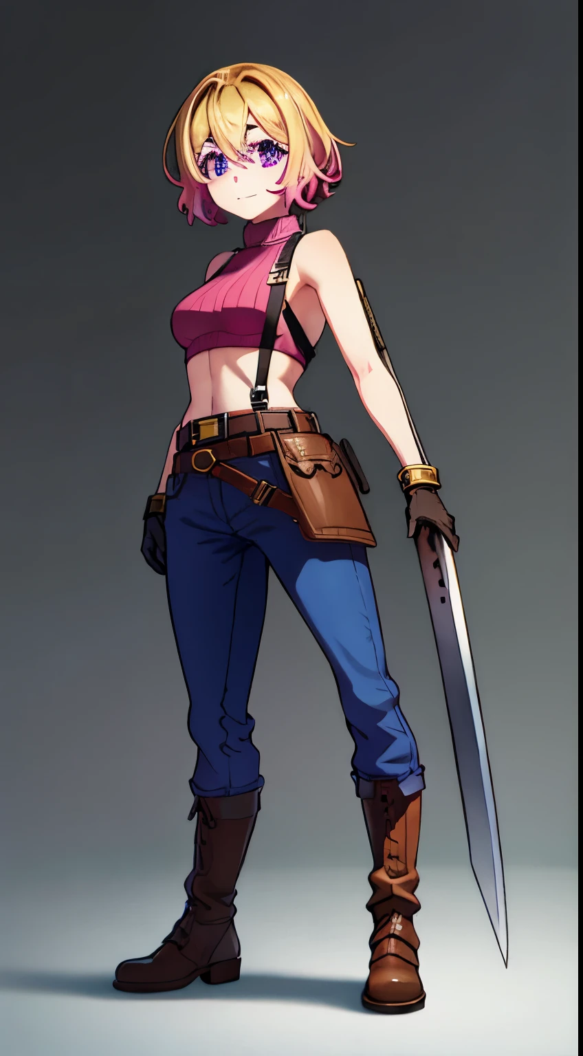 (masterpiece, best quality:1.2), pink glowing eyes, pink eyes, perfect face,Mami nanami , strong make up, highres, 1 girl, solo, make up, (female:1.5), strife, multcolored hair, shoulder armor, sleeveless turtleneck, suspenders, belt, gloves, bracer, evil smile, standing, portrait, looking at viewer, giant sword on the back, long leather boots, fullbody shot