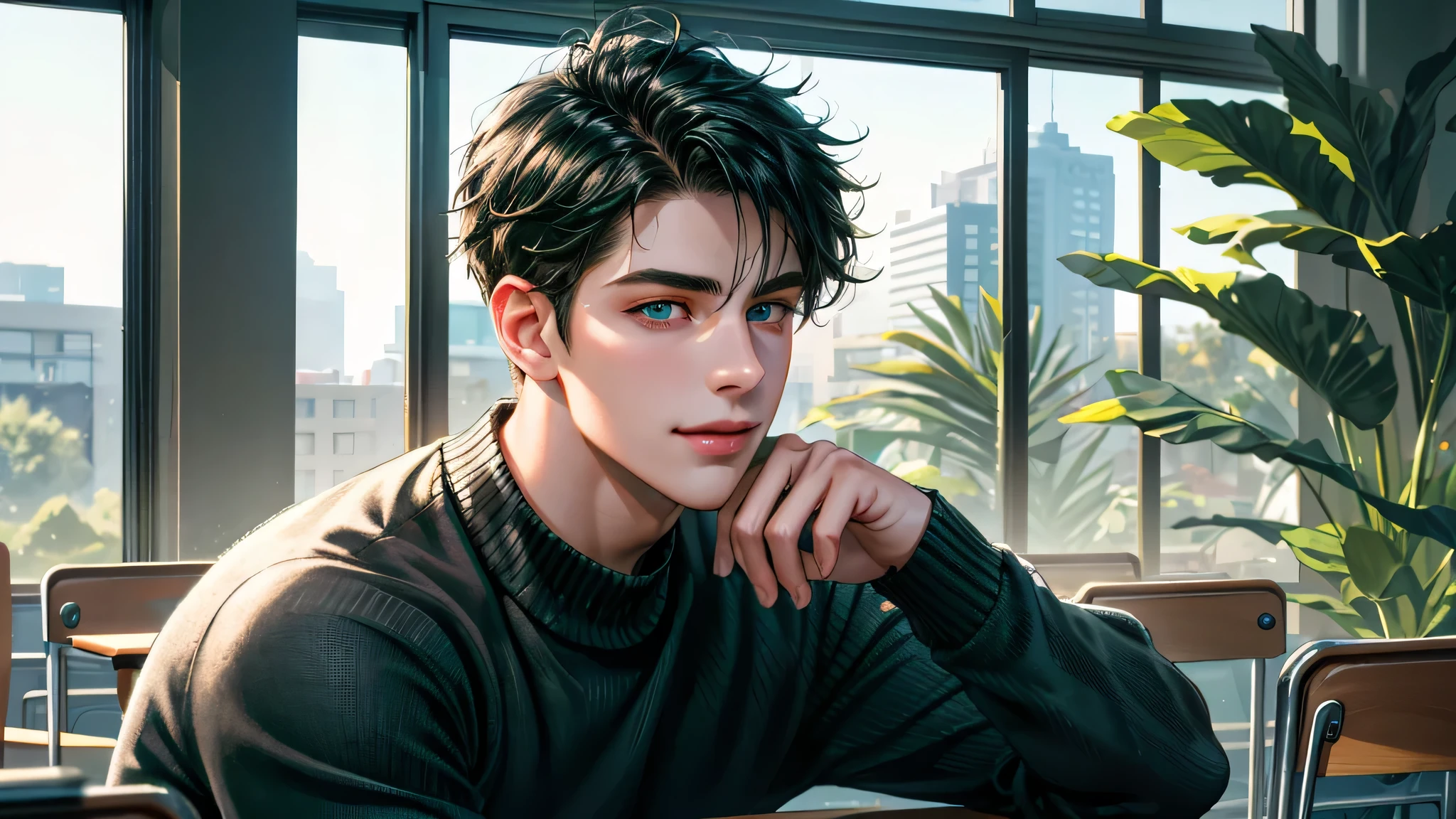 Ultra HD, high definition, Handsome young man, Grayish black hair, short hair, blue eyes, ombros largos, masterpiece, Absurd, Beautiful and detailed face, with dark green long sleeved sweater, Sunny daytime environment,  in a colorful classroom, cute smile