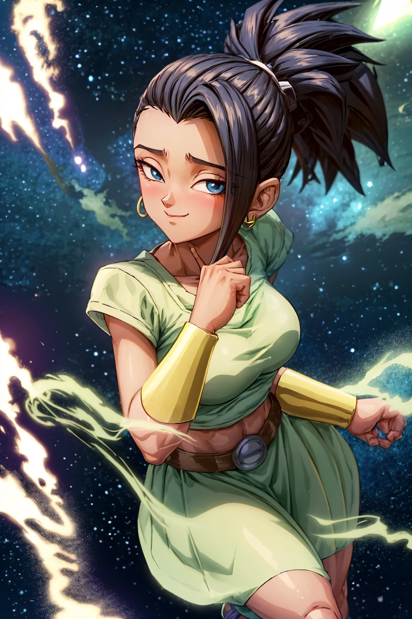 Kale, a slender Saiyan girl with light brown skin and long, wild black hair, standing on a vibrant green football field at night, wearing a white Real Madrid jersey. Her face is illuminated by the bright stadium lights, revealing her soft features and wide, joyful smile. Her large, expressive eyes reflect the excitement of the game, and her cheeks are slightly flushed with happiness. The camera angle is slightly below her, focusing on her joyful expression as she gazes toward the goalposts. Behind her, the sky is filled with twinkling stars, adding a magical touch to the scene. The rich green grass contrasts sharply with her white jersey, while the warm lights and cool tones of the night sky create a harmonious balance. Her hair flows gently in the breeze, adding to the sense of movement and energy, perfect hands , perfect arm