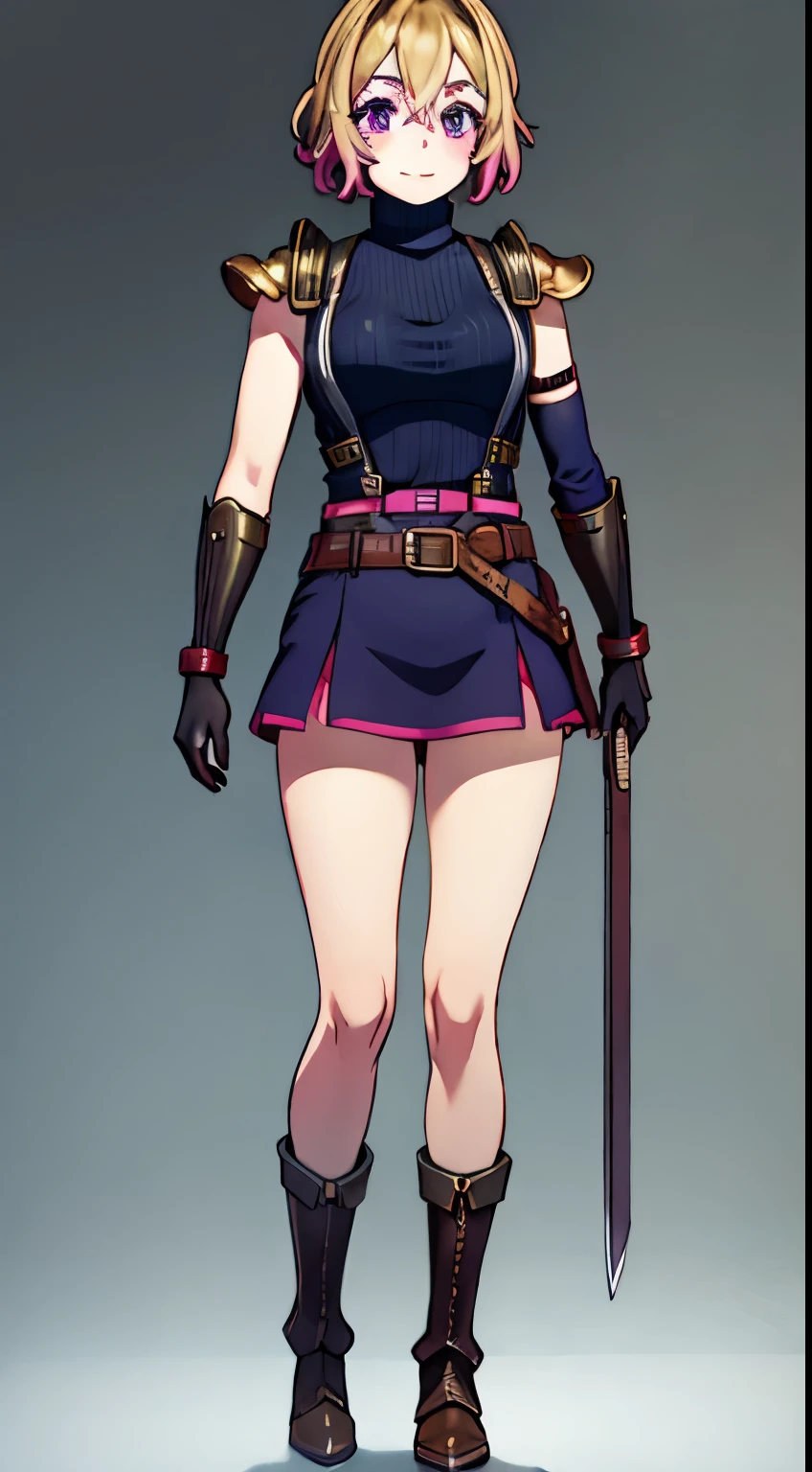 (masterpiece, best quality:1.2), pink glowing eyes, pink eyes, perfect face,Mami nanami , strong make up, highres, 1 girl, solo, make up, (female:1.5), strife, multcolored hair, shoulder armor, sleeveless turtleneck, suspenders, belt, gloves, bracer, evil smile, standing, portrait, looking at viewer, giant sword on the back, long leather boots, fullbody shot