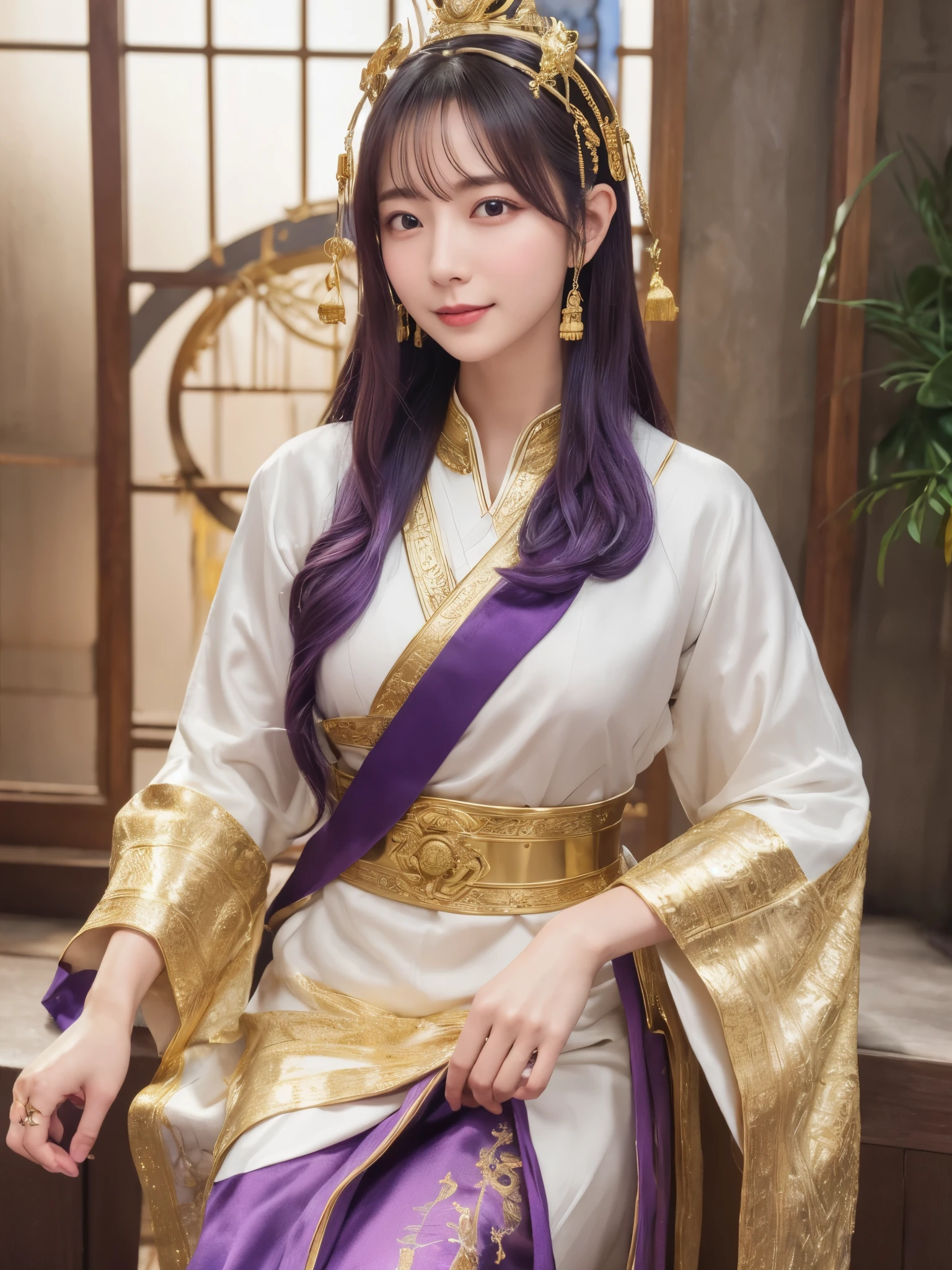 This photo will show the image of Athena Saori in more detail，並添加紫色wing部分和十二宮的background：

hair：Her long purple hair is fine and smooth，blowing in the wind，Hair strands are neatly arranged and shiny。
headgear：She wears a silver helmet，There is a half-moon decoration in the center of the helmet，The edge of the helmet is gold plated，The forehead is carved with exquisite ancient Greek totems.，Symbolizes wisdom and majesty。
armor：armor以銀色為主，Decorated with purple and gold details。In the center of the breastplate is the sacred totem of Athena，The shoulder armor is round and thick，The edges are decorated with gold and purple fine lines。Skirt is white，Gold embroidery at edge，Presenting elegant soft lines。Leg armor and silver boots are closely connected，The surface is also decorated with gold and purple patterns.，Emphasis on both protection and beauty。
Dharma Instruments：The golden scepter she holds is made of finely carved metal，The top of the scepter is a round half-moon symbol，A softly glowing gemstone is set in the center of the half moon。The pattern on the surface of the scepter is extremely delicate，Symbolizing the divine power and wisdom of Athena。
Shield：她的圓形Shield以銀色為主，gold edge，Large star pattern engraved in the center，accompanied by moon and geometric symbols，Symbol of divine protective power。Shield上的每個圖案都精緻且細膩，Symbolizing Athena’s infinite protective power。
wing：她背後的金色wing散發著神聖光芒，Each feather is exquisitely carved and sparkles with metallic luster。wing的內側邊緣有紫色的漸變，Purple and gold intertwined on feathers，尤其在light下展現出強烈的神秘感和莊嚴感，Symbolizing her dual powers - wisdom and holiness。
background：She stands in one of the twelve houses in Saint Seiya，background中可見金色的高大宮殿，The pillars are thick and intricately carved，Surrounded by mysterious horoscope symbols。The sky is slightly dark，with a little fog，The whole scene is shrouded in a solemn and mysterious atmosphere。The stairs around the palace wind upwards，Symbolizing the challenges and trials leading to higher divine status。Golden light emanates from her back，與十二宮的background完美融合，Emphasizing her majesty and power as Athena。
light：周圍的light以金色為主，around her body，特別是wing上的金紫色羽毛，隨著light變化閃爍出不同層次的光澤，Adds a sense of mystery。a woman with long flowing purple hair, every strand detailed and glossy, wearing an intricately designed armor. Her helmet is silver with a crescent moon symbol, detailed with fine golden engravings. The armor is mainly silver with ornate purple and gold accents. Her breastplate is engraved with an Athena symbol, surrounded by delicate purple and gold embellishments. Her shoulder plates are rounded, adorned with purple engravings and golden borders. The armguards are sleek, silver with purple details, and her skirt armor is white with golden embroidery. Her boots are silver, following the lines of her armor with gold and purple patterns. She holds a golden staff, its shaft covered in intricate engravings, topped with a crescent moon symbol surrounded by golden wings and a glowing gem at the center. The round shield she carries is silver with a large star in the center, surrounded by geometric patterns and crescent moons, symbolizing divine protection. Her large golden wings are meticulously detailed, with soft purple gradients on the inner edges of the feathers, creating a majestic contrast. She stands before one of the Twelve Temples from Saint Seiya, with grand golden pillars and intricate carvings, surrounded by the signs of the Zodiac. The sky is da