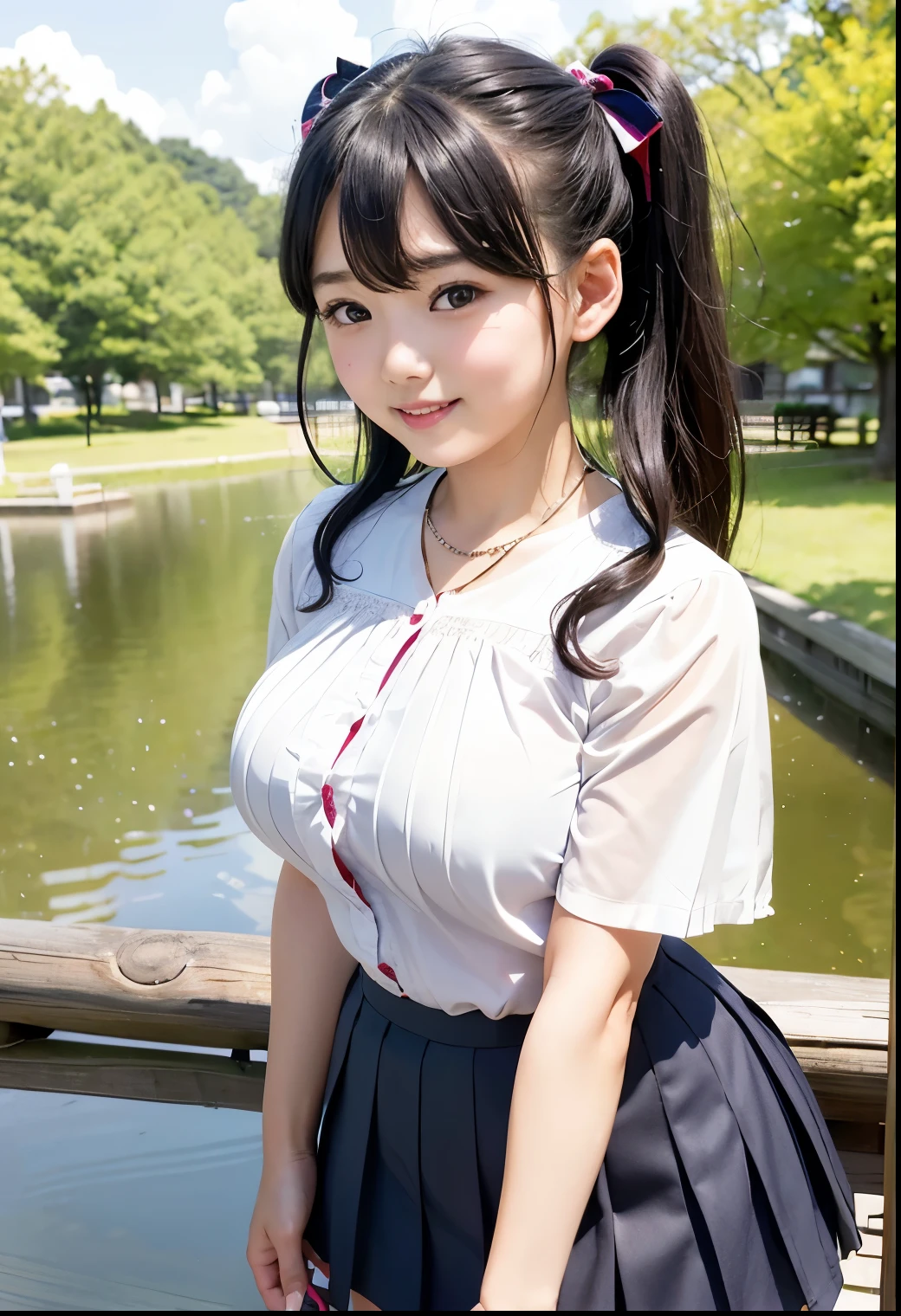 (Highest quality,masterpiece:1.3,Ultra-high resolution),(Very detailed、Caustics) (Realistic:1.4, RAW shooting、)Ultra-Realistic Capture、Very detailed、Natural skin texture、masterpiece、(A Japanese elementary school girl wearing a blouse and pleated skirt:1.3)、Adorable expression、Expressions of happiness、、height: 140cm、Baby Face、Pure girl、Amazingly cute、Twin tail hairstyle、Curly Hair、ribbon、Black Hair、Large Breasts、Shining thighs、Shining ass、necklace、Shade by the lake、Background details、smile、An inviting gaze、(Anatomically correct)、Cowboy Shot、Attention to detail、Breast lift