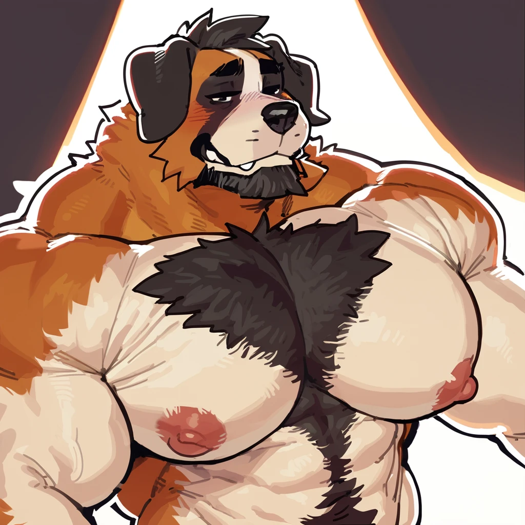 Solo, male (((Bernese mountain dog, big pecs, brown nipples, blue sclera, black iris, black eyes, muscular, black body, brown fur, white fur, black nose, brown eyebrows, tail, blue thong, big bulge))) standing, smile ((focus eyes, focus nipples, focus iris)) full body, perfect anatomy, by darkgem, by mystikfox61, by glitter trap boy