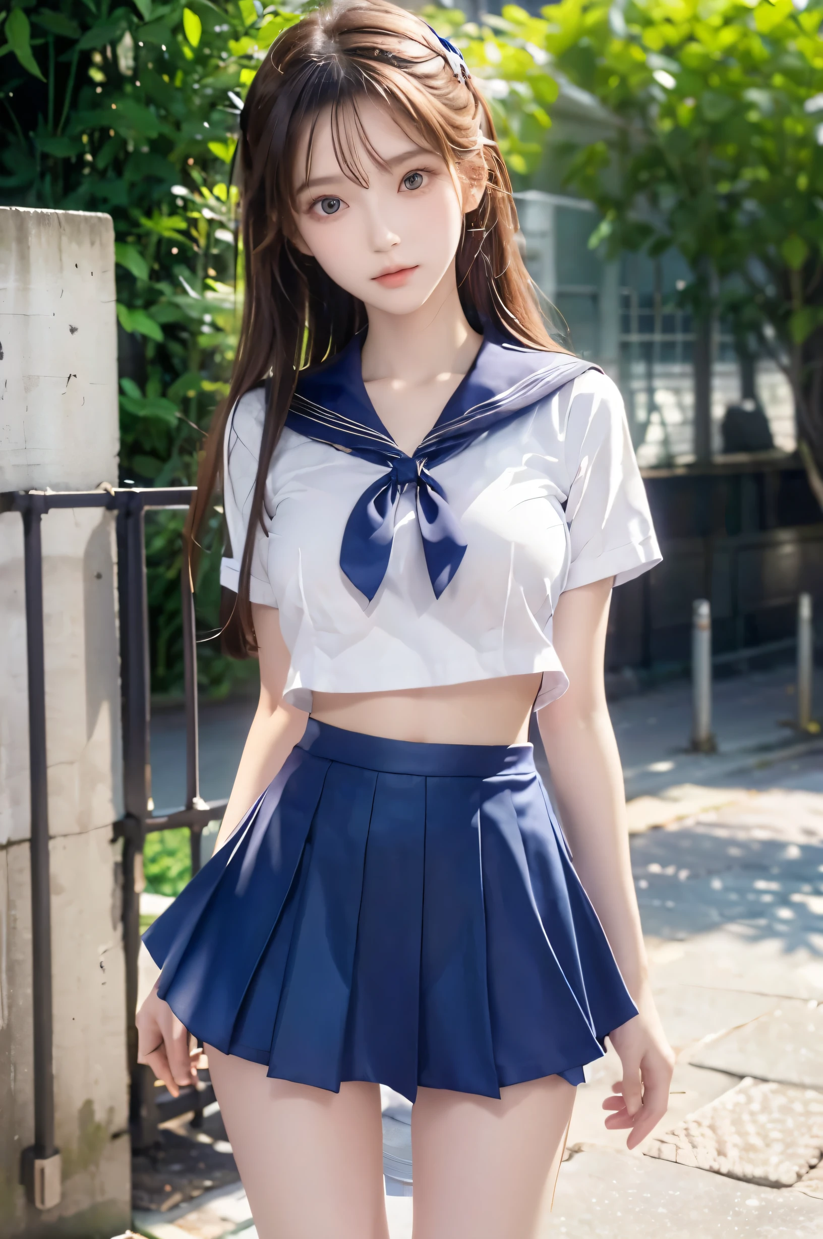 (Ultra HD), (Looking at me), (Short-sleeved sailor uniform, Navy blue mini skirt), Big Breasts, Super beautiful breasts, Slender, (Thin legs:1.2), (Thin thighs:1.2), (Thin Hips:1.4), (Beautiful Skin, Shiny skin, White skin), (Super slim face, Super beautiful face, No makeup, Smile:0.6), (Light Brown, Long Hair, Layered Cut, Fluffy hair), (Big eyes:1.3, High corners of the eyes:1.6, double eyelid), (Thin eyebrows:0.1), (Small Nose:0.6), (Thin lips:0.6), Beautiful Hands, Empty-handed, Standing, In front of the school gate