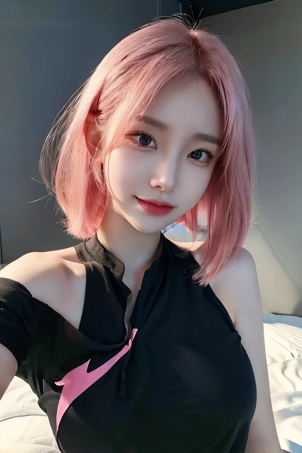 young woman, short shoulder-length pink hair, wide forehead, porcelain skin, pink eyebrows, big emerald green eyes, buttoned nose, full lips, heart-shaped face, slender body, small breasts, red tank top, Sakura Haruno , realistic, realism, details, 3d, well detailed
