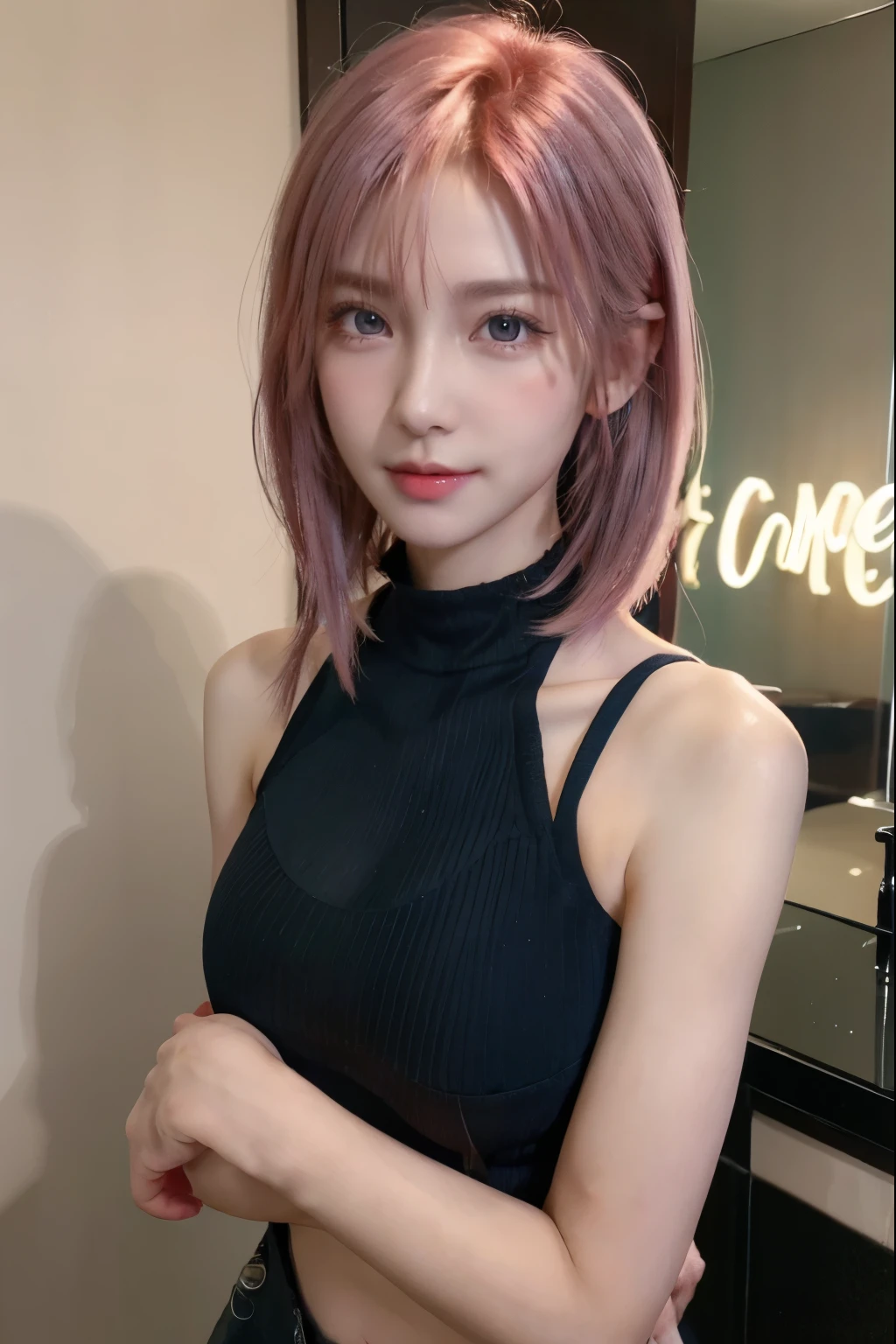 young woman, short shoulder-length pink hair, wide forehead, porcelain skin, pink eyebrows, big emerald green eyes, buttoned nose, full lips, heart-shaped face, slender body, small breasts, red tank top, Sakura Haruno , realistic, realism, details, 3d, well detailed
