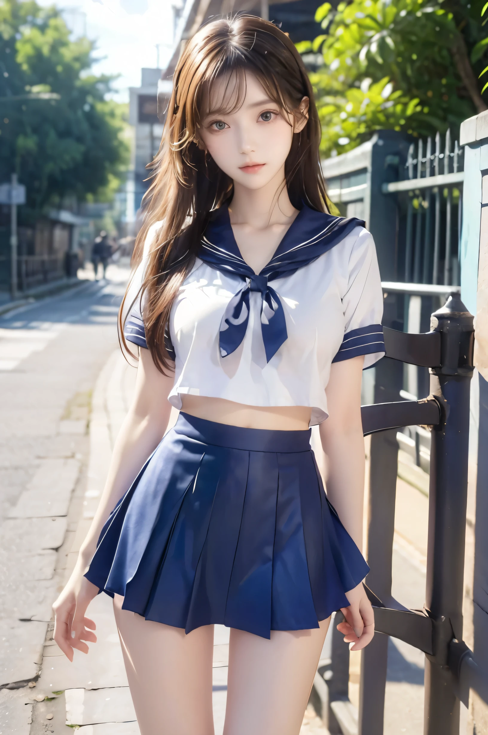 (Ultra HD), (Looking at me), (Short-sleeved sailor uniform, Navy blue mini skirt), Big Breasts, Super beautiful breasts, Slender, (Thin legs:1.2), (Thin thighs:1.2), (Thin Hips:1.4), (Beautiful Skin, Shiny skin, White skin), (Super slim face, Super beautiful face, No makeup, Smile:0.6), (Light Brown, Long Hair, Layered Cut, Fluffy hair), (Big eyes:1.3, High corners of the eyes:1.6, double eyelid), (Thin eyebrows:0.1), (Small Nose:0.6), (Thin lips:0.6), Beautiful Hands, Empty-handed, Standing, In front of the school gate