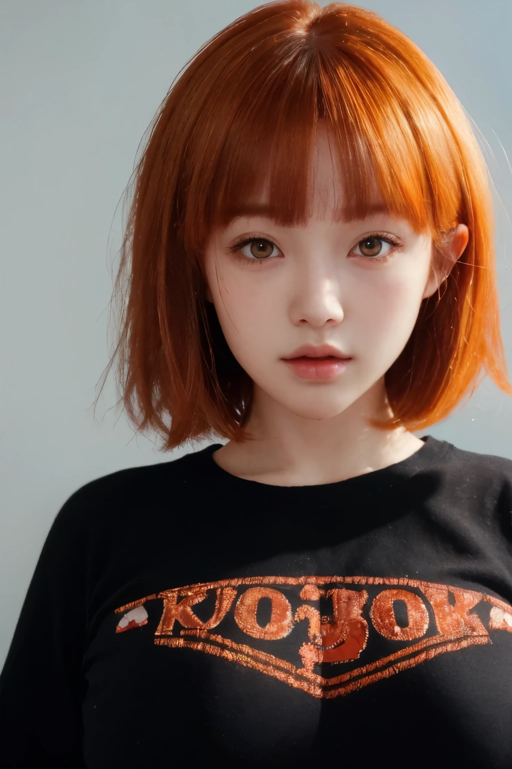 animejojihuku, kids fashion, best quality, masterpiece, illustration, realistic, photo-realistic, amazing, finely detail, incredibly absurdres, huge filesize, ultra-detailed, highres, extremely detailed CG unity 8k wallpaper, kids cloth, school girl, bob cut hair, messy hair, blush, black shirt, orange hair,