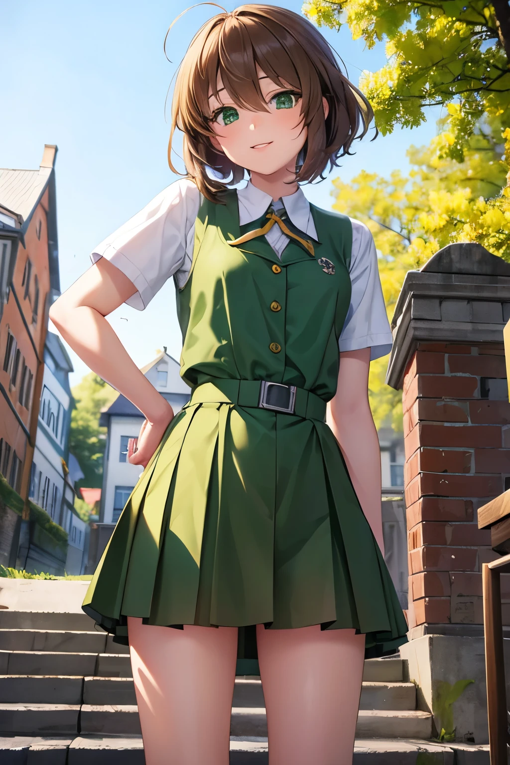 beautiful,cool,lady, brown hair, green eyes,tsurime,In the background is a German school in the 1950s, and the children are wearing uniforms,child,short messy hair,smileing