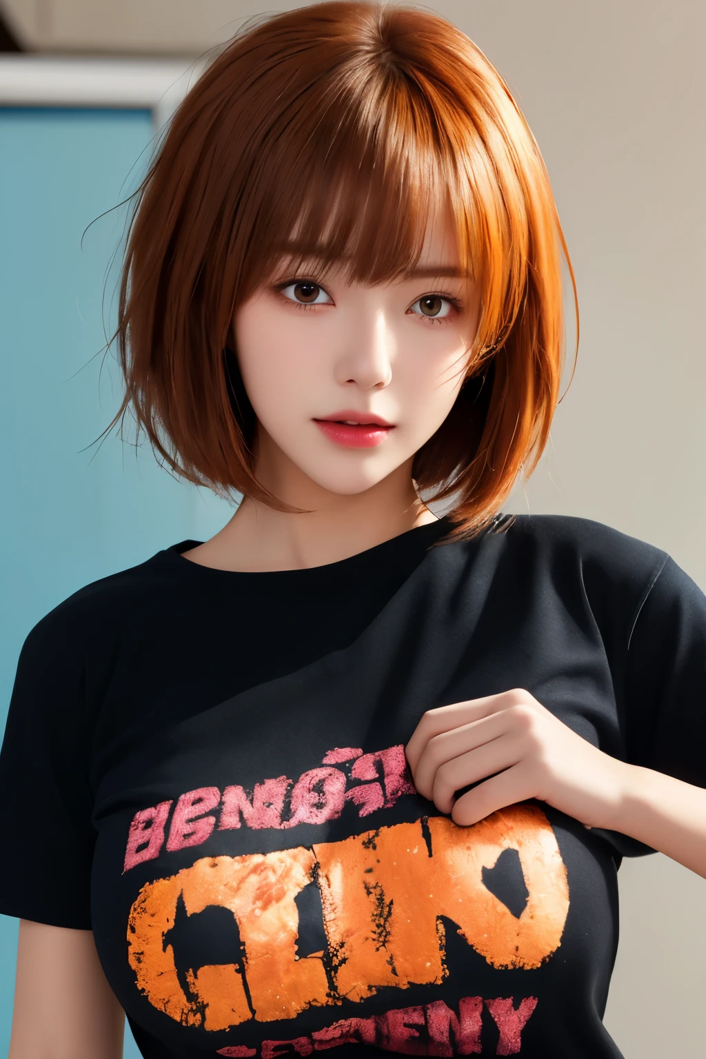 animejojihuku, kids fashion, best quality, masterpiece, illustration, realistic, photo-realistic, amazing, finely detail, incredibly absurdres, huge filesize, ultra-detailed, highres, extremely detailed CG unity 8k wallpaper, kids cloth, school girl, bob cut hair, messy hair, blush, black shirt, orange hair,