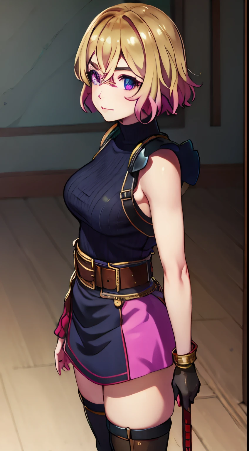(masterpiece, best quality:1.2), pink glowing eyes, pink eyes, perfect face,Mami nanami , strong make up, highres, 1 girl, solo, make up, (female:1.5), strife, multcolored hair, shoulder armor, sleeveless turtleneck, suspenders, belt, gloves, bracer, evil smile, standing, portrait, looking at viewer, giant sword on the back, long leather boots, fullbody shot