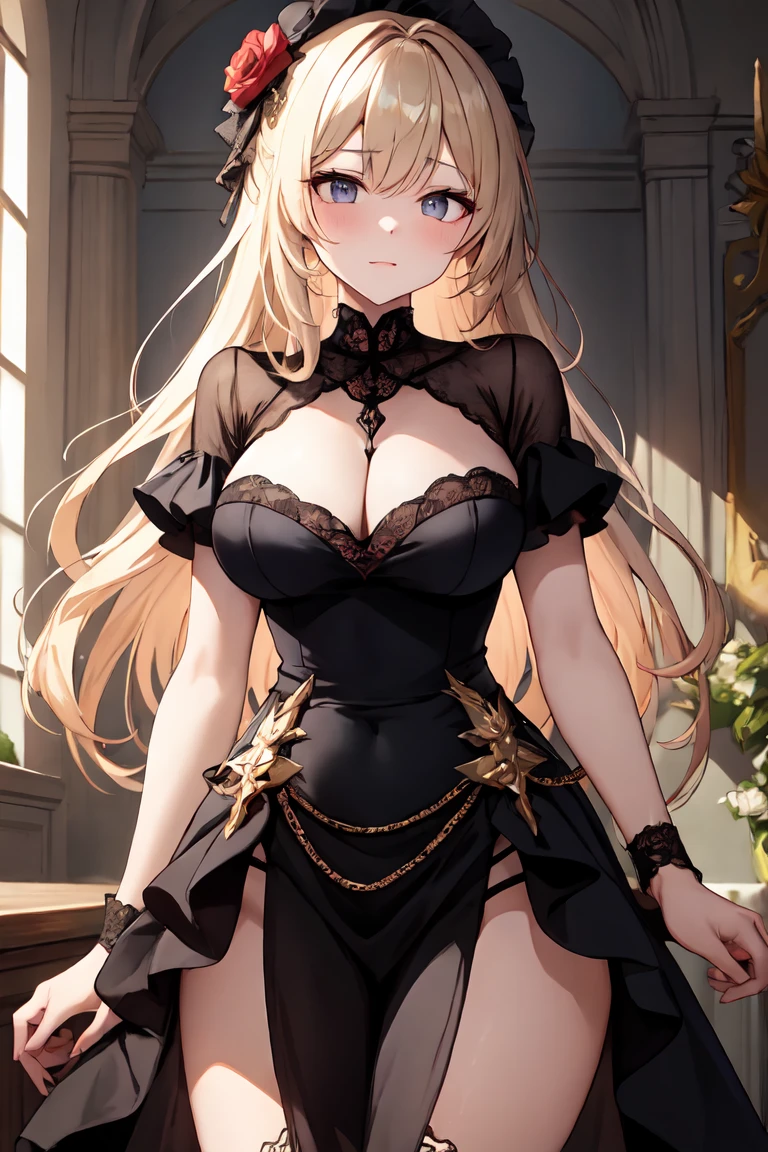 Black Panties, black underwear, black lingerie, revealing clothes, lingerie only, lace panty focus, large breasts, revealing, large breasts focus, slender body, slim body, shoulders length hair, blonde hair, blowing wind, princess dress, red dress, wind flashing underwear,