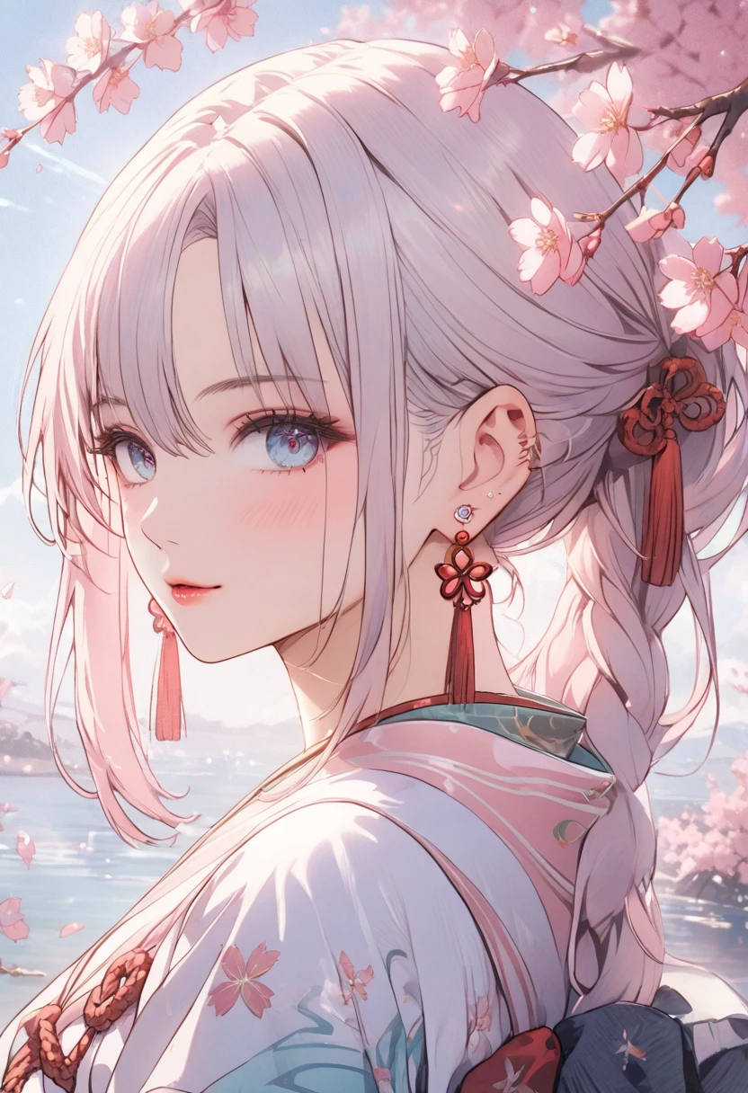 a girl wearing a pastel dress covered in sakura blossom patterns, beautiful detailed eyes, beautiful detailed lips, extremely detailed face, detailed sakura blossoms, cherry blossom garden, soft lighting, delicate, whimsical, muted colors, dreamlike, cinematic, highres, best quality, 8k, masterpiece, elegant, shenhe, blue eyes, braided ponytail, earrings, eyelashes, eyeliner, eyes visible through hair, eyeshadow, hair between eyes, makeup, red eyeshadow, sidelocks, single earring, symbol-shaped pupils, tassel, tassel earrings, white hair, long hair, full body