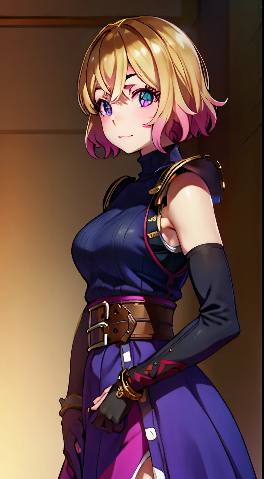 (masterpiece, best quality:1.2), pink glowing eyes, pink eyes, perfect face,Mami nanami , strong make up, highres, 1 girl, solo, make up, (female:1.5), strife, multcolored hair, shoulder armor, sleeveless turtleneck, suspenders, belt, gloves, bracer, evil smile, standing, portrait, looking at viewer, holding a giant sword on the back, long leather boots, fullbody shot