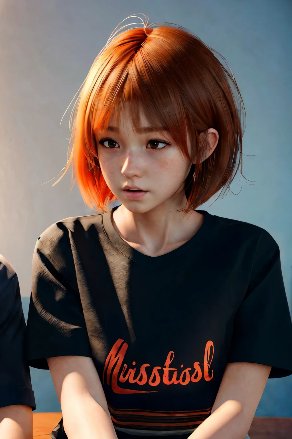 animejojihuku, kids fashion, best quality, masterpiece, illustration, realistic, photo-realistic, amazing, finely detail, incredibly absurdres, huge filesize, ultra-detailed, highres, extremely detailed CG unity 8k wallpaper, kids cloth, school girl, bob cut hair, messy hair, blush, black shirt, orange hair,