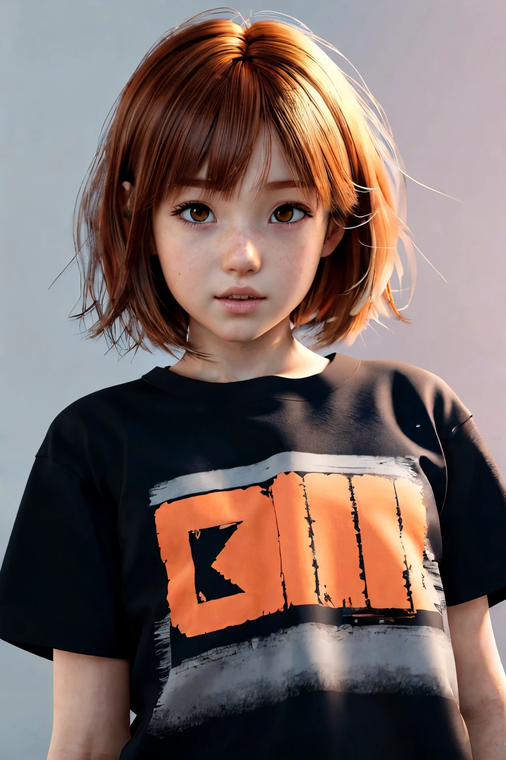 animejojihuku, kids fashion, best quality, masterpiece, illustration, realistic, photo-realistic, amazing, finely detail, incredibly absurdres, huge filesize, ultra-detailed, highres, extremely detailed CG unity 8k wallpaper, kids cloth, school girl, bob cut hair, messy hair, blush, black shirt, orange hair,