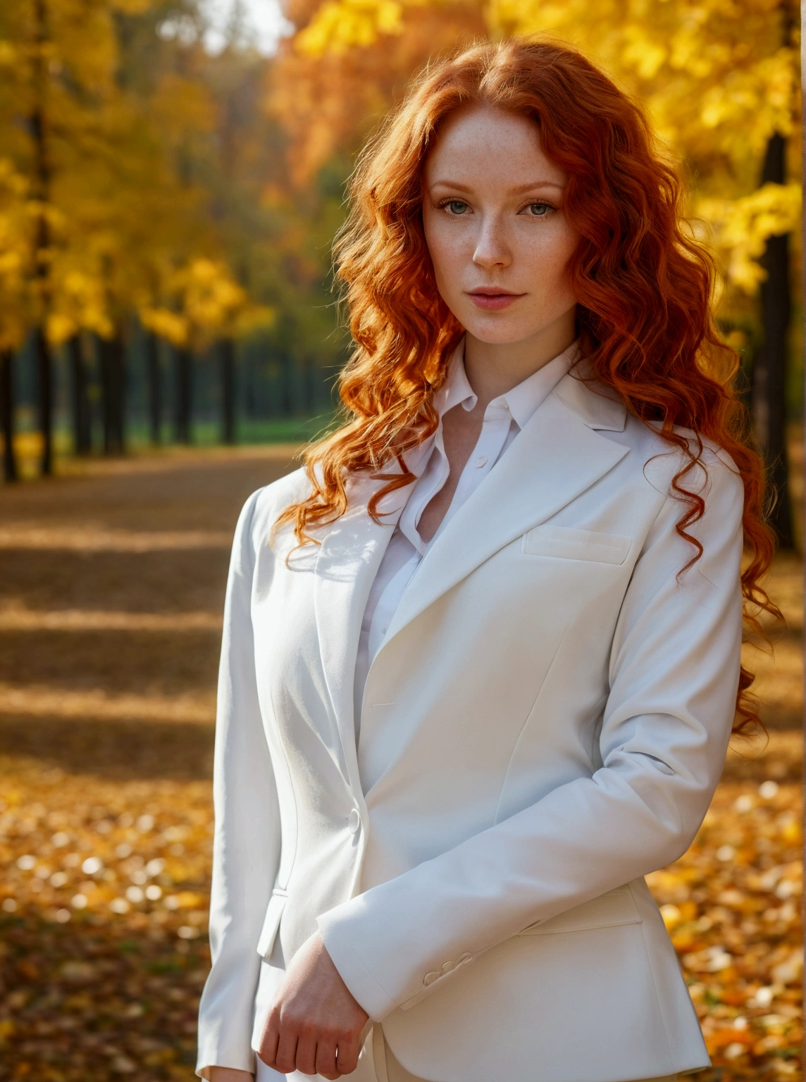 "(Ultra resolution 8K), The best possible image, beautiful woman, redhead, beautiful face, beautiful face, blue eyes , fine rostrum, very delicate face, White skin, Caucasian European, bodycon suit, sexy red suit" dreamy background, autumn light