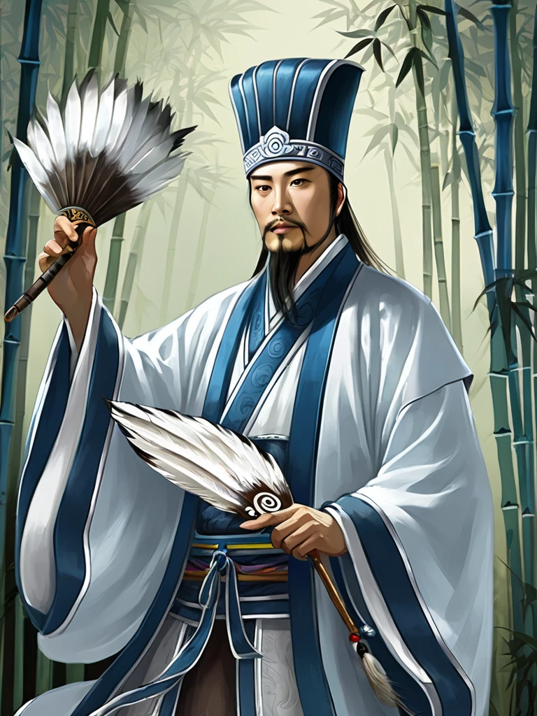 Digital illustration, Ancient Chinese scholars, Traditional Costume, Embroidered Robe,  Zhuge Liang,  Traditional hats, White and blue palette, Gestures, Serious expression, Attention to detail, Historical figures, Standing pose, Feather fan,  In the bamboo forest 