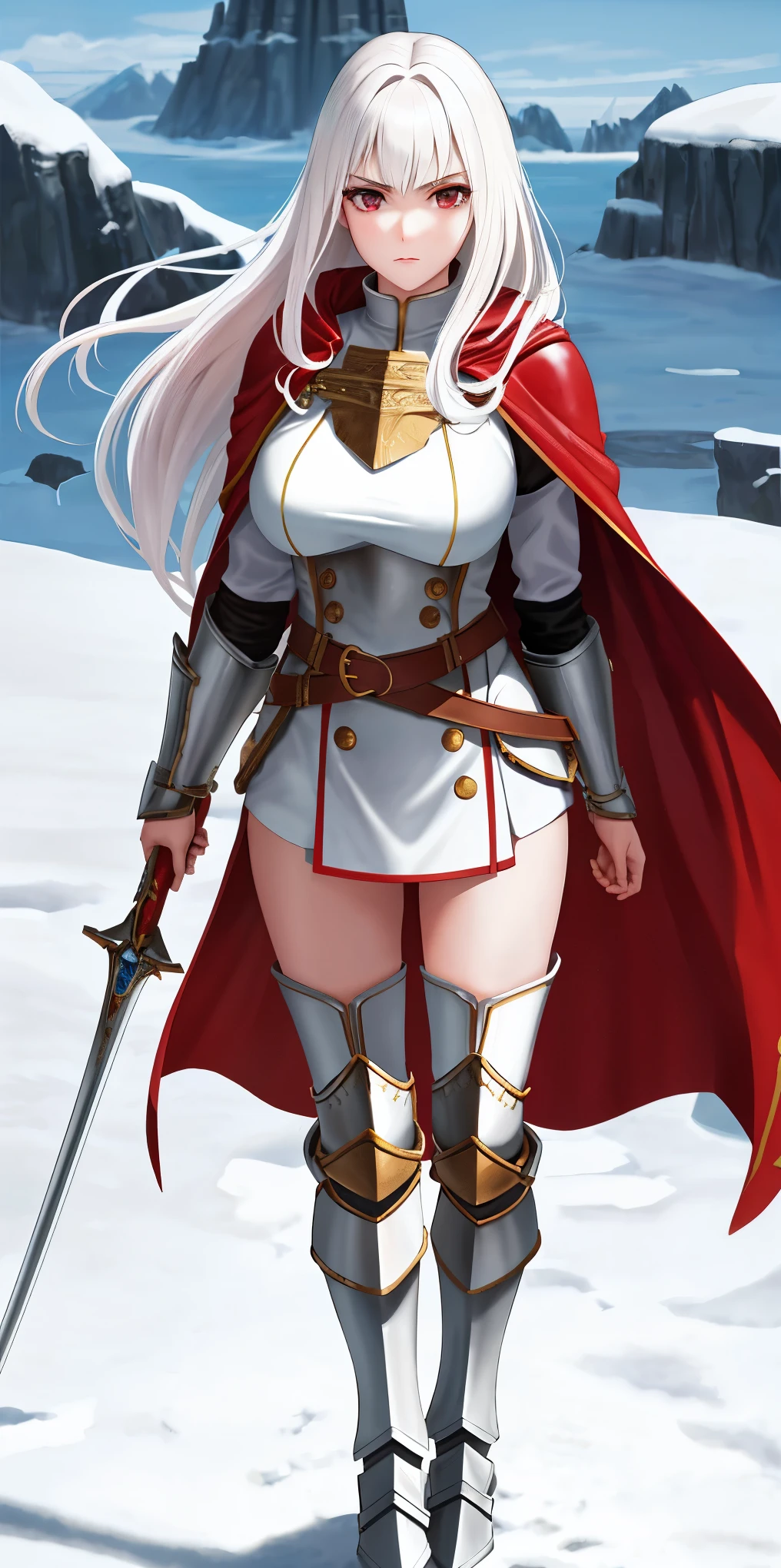 full body standing straight symmetrical, FEMALE warrior princess, big belt around waist, hair, very white skin like snow, wearing full heavy armor red cape, brown leather boots, adventurer outfit, veteran warrior MILF bimbo