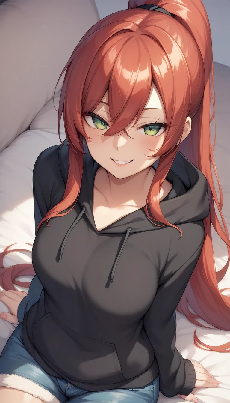 shoot from above, looking at  viewer, there is, Hoodie and spats, One anime-style woman,  Red Hair, Long Hair, Long Ponytail, Green Eyes、Sitting on the sofa, half-closed eyes, jitome, Best Quality、masterpiece, Mischievous Smile, smug face