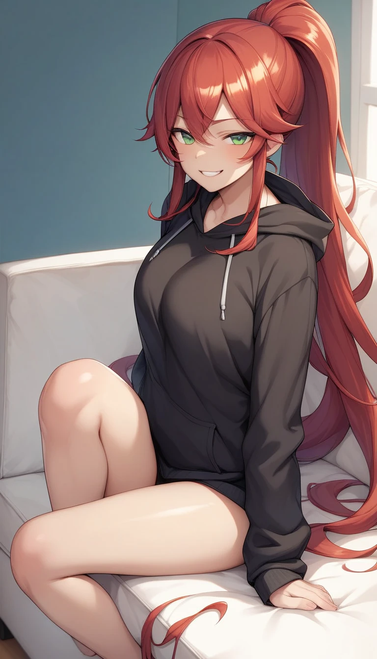 shoot from above, looking at  viewer, there is, Hoodie and spats, One anime-style woman,  Red Hair, Long Hair, Long Ponytail, Green Eyes、Sitting on the sofa, half-closed eyes, jitome, Best Quality、masterpiece, Mischievous Smile, smug face