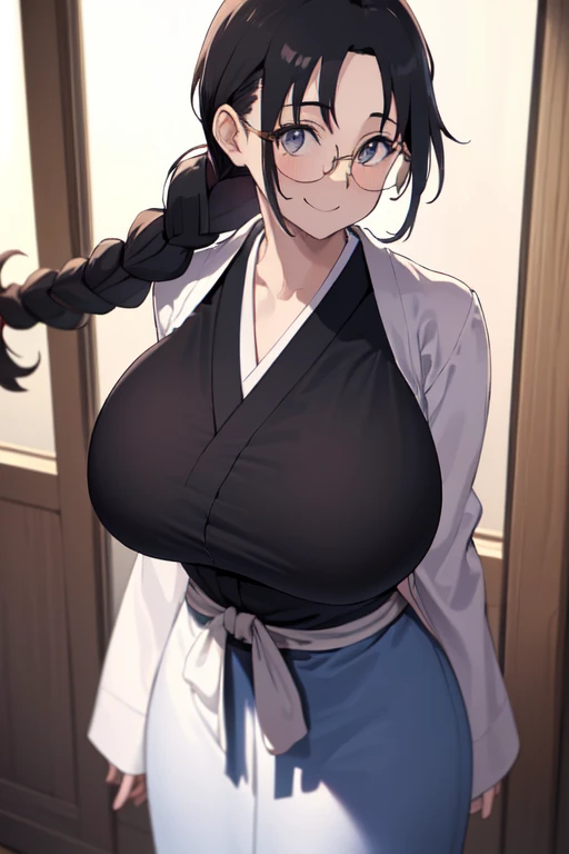 ((masterpiece:1.4, best qualit:1.4, high resolution:1.4)), Katori, 1girl, solo, black hair, glasses, single braid, huge breast, japanese clothes, smile, standing, arms behind back, cowboy shot, adjusting eyewear