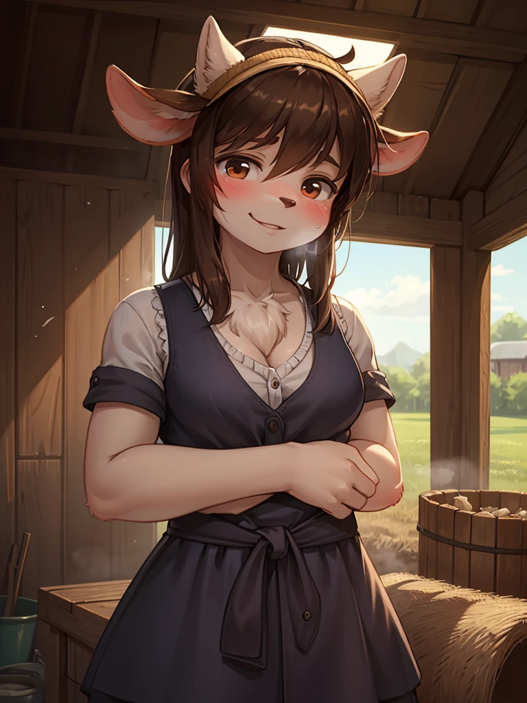 Short busty bunny wearing only a red apron, brown fur, Wheat field, looking into the distance, от bebebebebe, by Spydjeks, by SpikedMauler