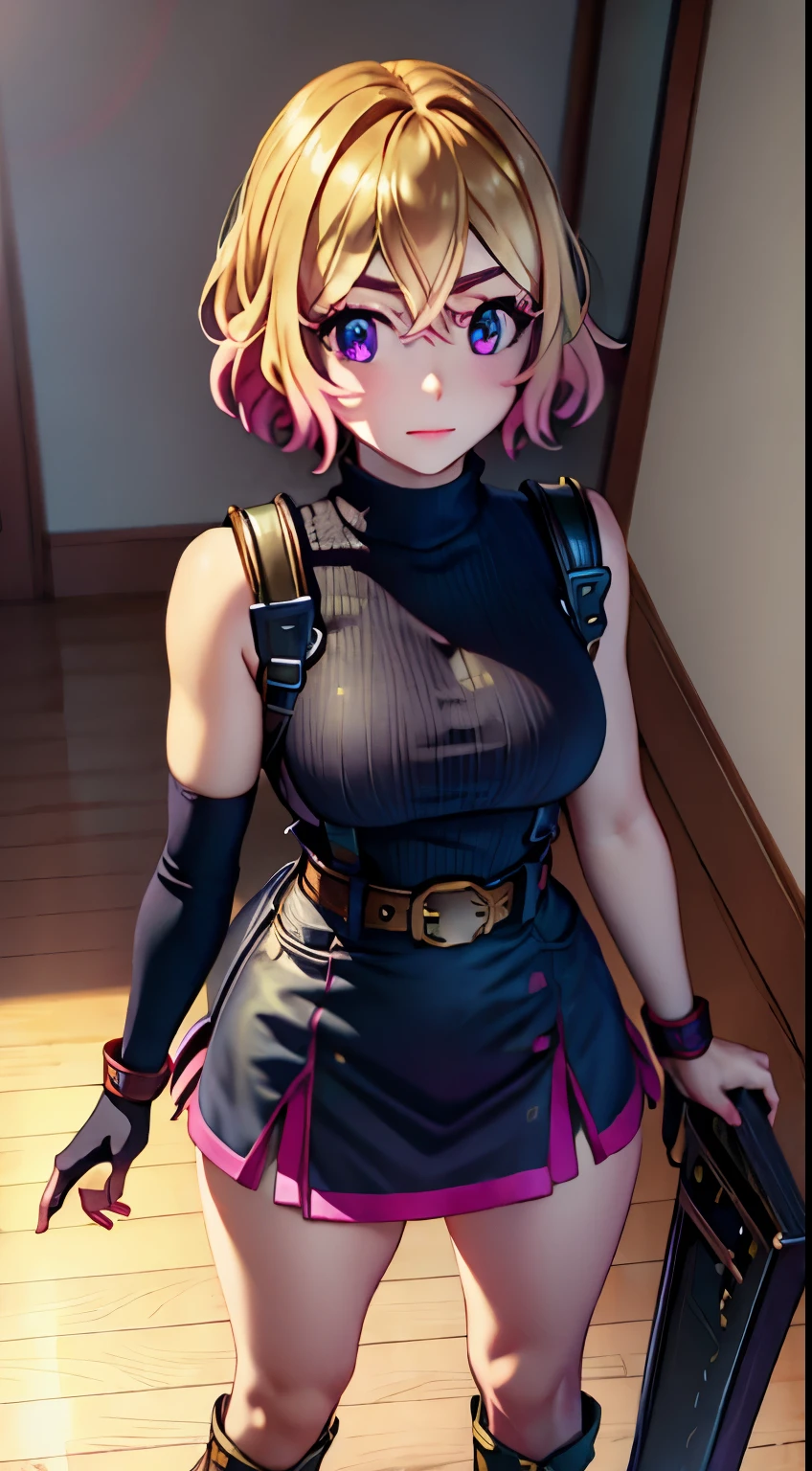 (masterpiece, best quality:1.2), pink glowing eyes, pink eyes, perfect face,Mami nanami , strong make up, highres, 1 girl, solo, make up, (female:1.5), strife, multcolored hair, shoulder armor, sleeveless turtleneck, suspenders, belt, gloves, bracer, evil smile, standing, portrait, looking at viewer, holding a giant sword on the back, long leather boots, fullbody shot