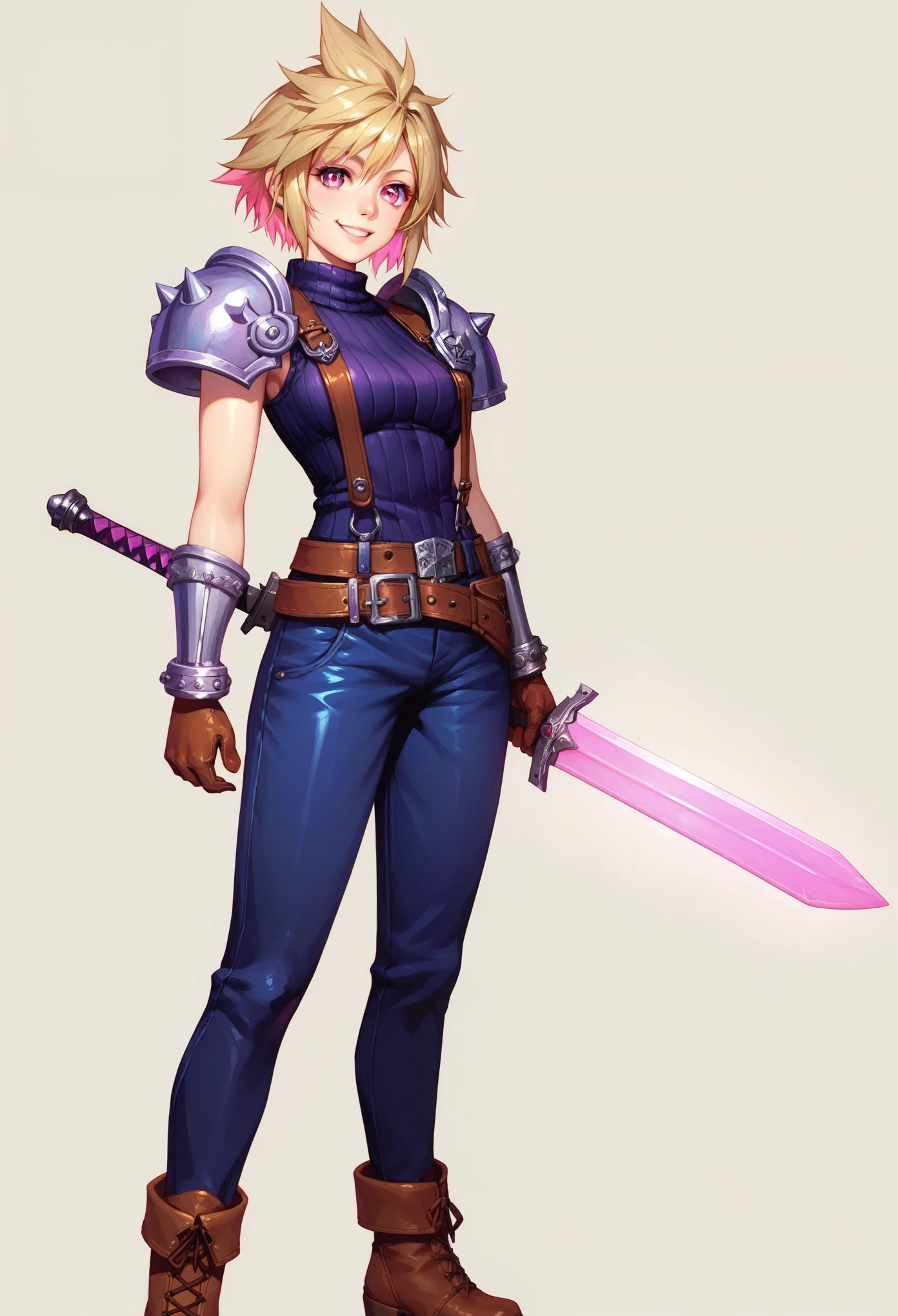 (masterpiece, best quality:1.2), pink glowing eyes, pink eyes, perfect face,Mami nanami , strong make up, highres, 1 girl, solo, make up, (female:1.5), strife, multcolored hair, shoulder armor, sleeveless turtleneck, suspenders, belt, gloves, bracer, evil smile, standing, portrait, looking at viewer, holding a giant sword on the back, long leather boots, fullbody shot