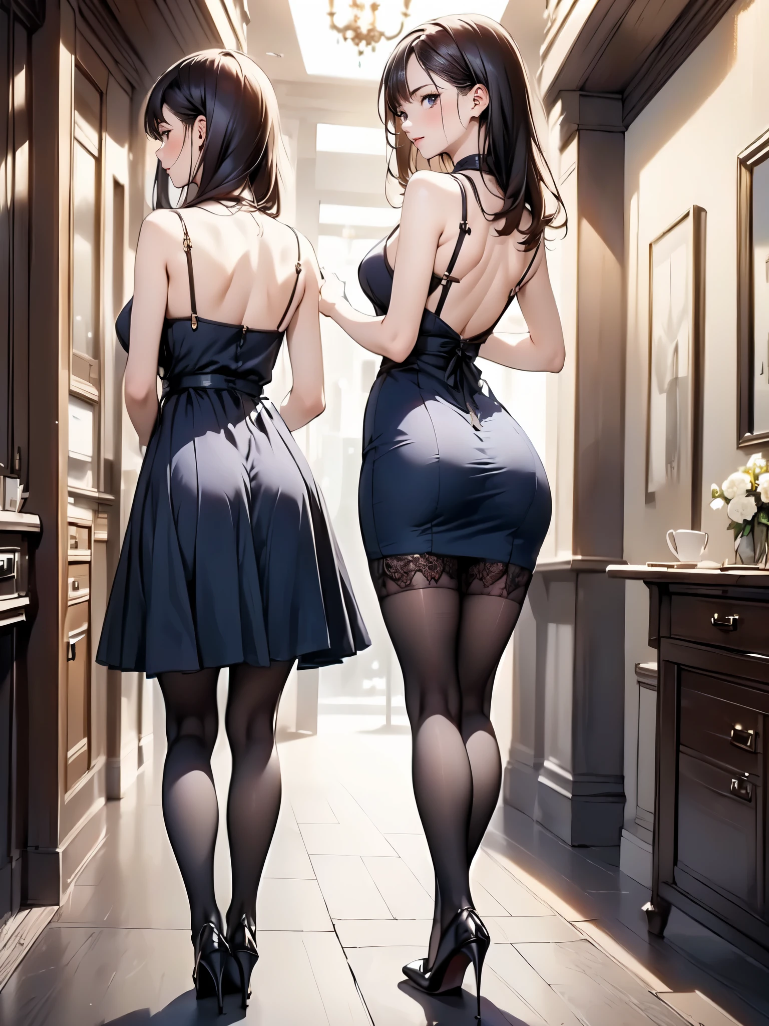 ((二人のIn underwearの女性がセクシーにOffice corridorを歩いているBack view:1.4), Beautiful Anime Women, Beautiful art style, Anime characters, ((Smooth texture, Realistic texture, Anime CG Style)), ((Highest quality)), (Very detailed), (Very detailed CG 統合 8k 壁紙), Very detailed, High-resolution RAW color photos, Professional photography, Brown Hair, Stylish hairstyle, Slender body, (Stunningly beautiful woman), (Office corridor, Many business people walking down the corridor, There is a window in the hallway:1.3), ((Black high heels), (Sexy and cute blue underwear:1.3), (Stylish shiny blue satin panties, Side-tie panties, Panties with lace trim:1.3), (Thin panties:1.3), (Blue micro lace satin bra, Blue bra with lace trim, Thin bra:1.3), (lace garter belt, Garter Strings, Black knee socks:1.3):1.3), naked, In underwear, In underwearのオフィスレディ, Exact number of arms, Exact number of legs, Perfect Anatomy, (Embarrassed expression, Surprised expression), Angle from the rear, Exact finger count、Exact number of legs、(Exact number of arms:1.0, Exact number of hands:1.0), (Perfect hands, Perfect Anatomy), (Back view:1.4)