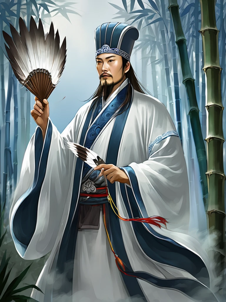 Haze effect、Digital illustration, Ancient Chinese scholars, Traditional Costume, Embroidered Robe,  Zhuge Liang,  Traditional hats, White and blue palette, Gestures, Serious expression, Attention to detail, Historical figures, Standing pose, Feather fan,  In the bamboo forest 