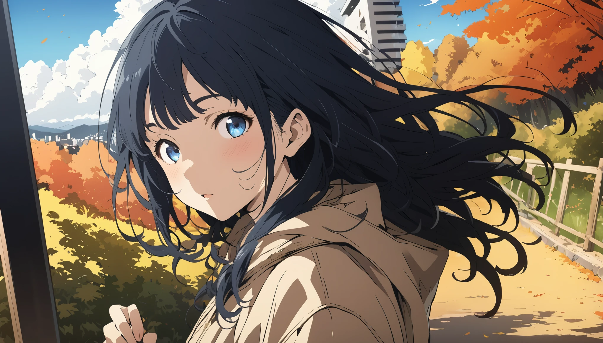 Highly detailed 8k CG, Very detailed:1.3, Very delicate and detailed face:1.3, (Absurd, Texture, masterpiece), Long Hair,Pop Art, pixiv contest winners, by Posuka Demizu, With Kyoto in the background,Dynamic cartoon style illustrations,Autumn outfit,Autumn Walk