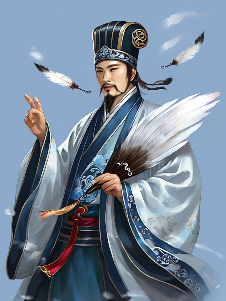 Cherry blossoms falling effect、Digital illustration, Ancient Chinese scholars, Traditional Costume, Embroidered Robe,  Zhuge Kongming,  Traditional hats, White and blue palette, gesture, Serious expression, Attention to detail, Historical figures, Standing pose, Feather fan,  