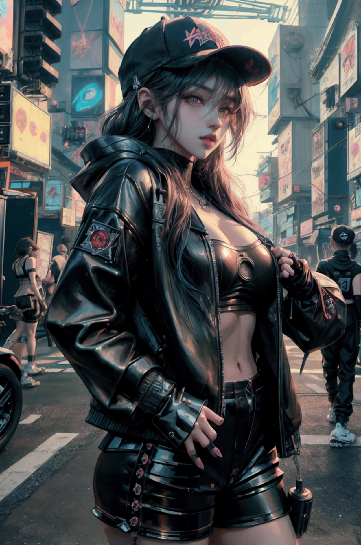   arafed woman in a baseball cap and leather shorts posing for a picture, artwork in the style of guweiz, cyberpunk beautiful girl, ross tran 8 k, wojtek fus, cyberpunk 2 0 y. o model girl, cyberpunk anime girl, female cyberpunk anime girl, guweiz, beautiful digital artwork, dreamy cyberpunk girl, cyberpunk girl, digital cyberpunk anime art