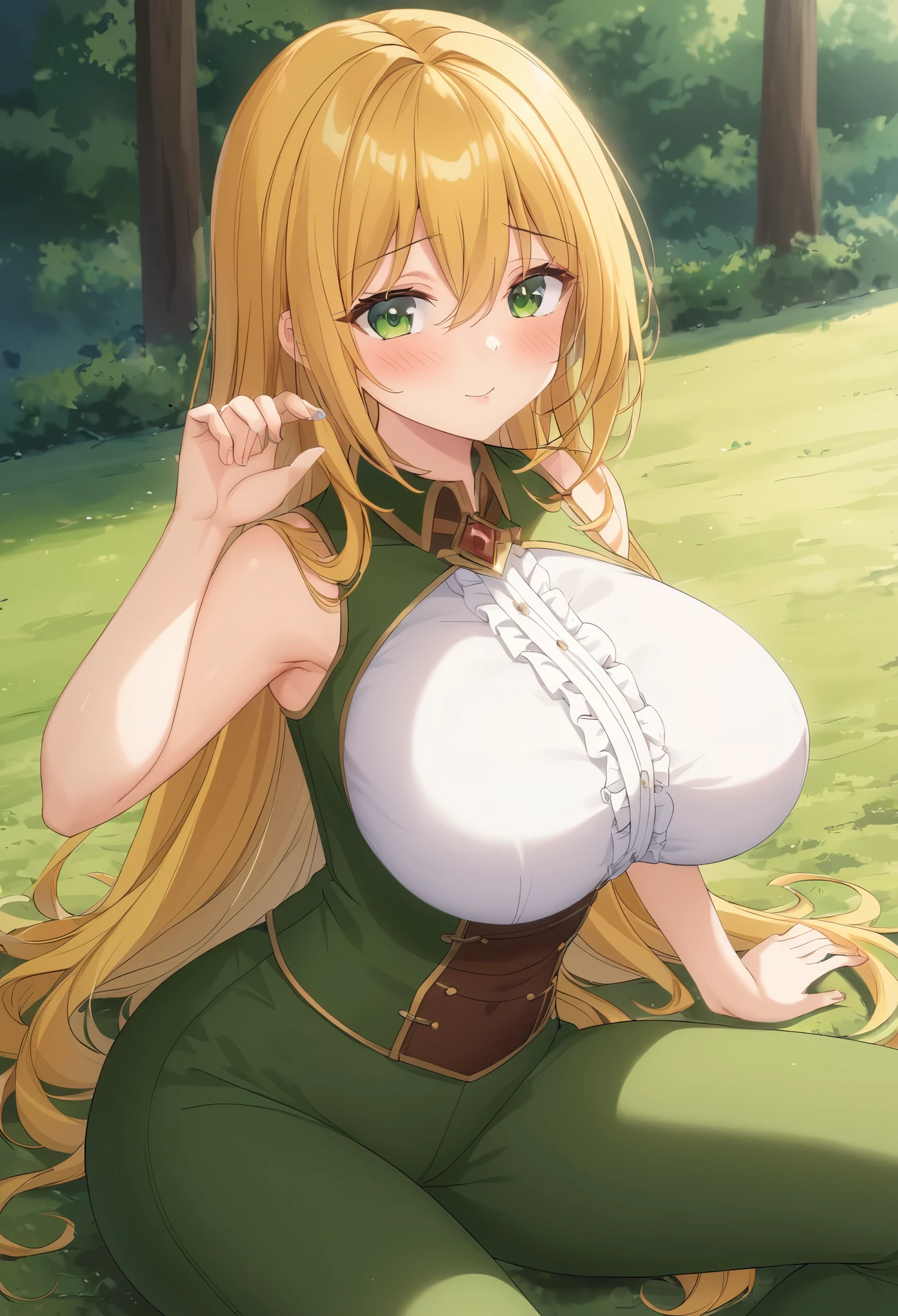 (masterpiece, highest quality:1.2), Ultra-high resolution), RAW Photos, Professional Lighting, Cinema Lighting, (1 girl), Leona, Dragon Quest:dai no daibouken, (blonde, Long Hair, Brown eyes, string tiara, hair ornaments, bangs), ((earrings, brass Circlet, choker, white cape & cloak, sleeveless white cardigan, green short dress, white knee high socks, golden bracelet)), (((((ultra large natural breasts, Super huge tits, Super huge boob, Super huge cleavages))))), (nature, grasses, rocks, trees, lake, sky), detailed face, detailed eyes, clear & fine eyes, full body shot, standing, (torn clothes:1.85, NSFW:1.85, sweat bodies:1.85)