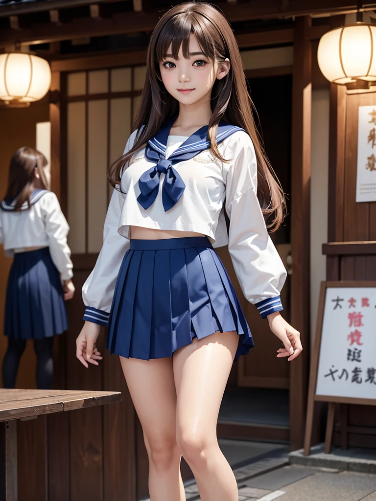 8k, Best Quality, The real picture, Intricate details, Very detailed, Ultra-high resolution, Depth Field, (Realistic,Realistic:1.2), Tabletop, Full Body Shot, (((1 girl))), eye_Chan, so beautiful, innocent big eyes, Beautiful breasts:1.5, 非常に詳細なeye:1.2), (Beautiful breasts:1.1), ((Brown Hair)), (Wavy medium-long hair), (Asymmetrical bangs), Perfect Skin, Fair skin, Small breasts, Tight waist, Alone, Staring at the audience, (smile), (((Sailor suits worn by Japanese high school girls)), (Royal blue pleated mini skirt), (Standing in the crowds of Tokyo)