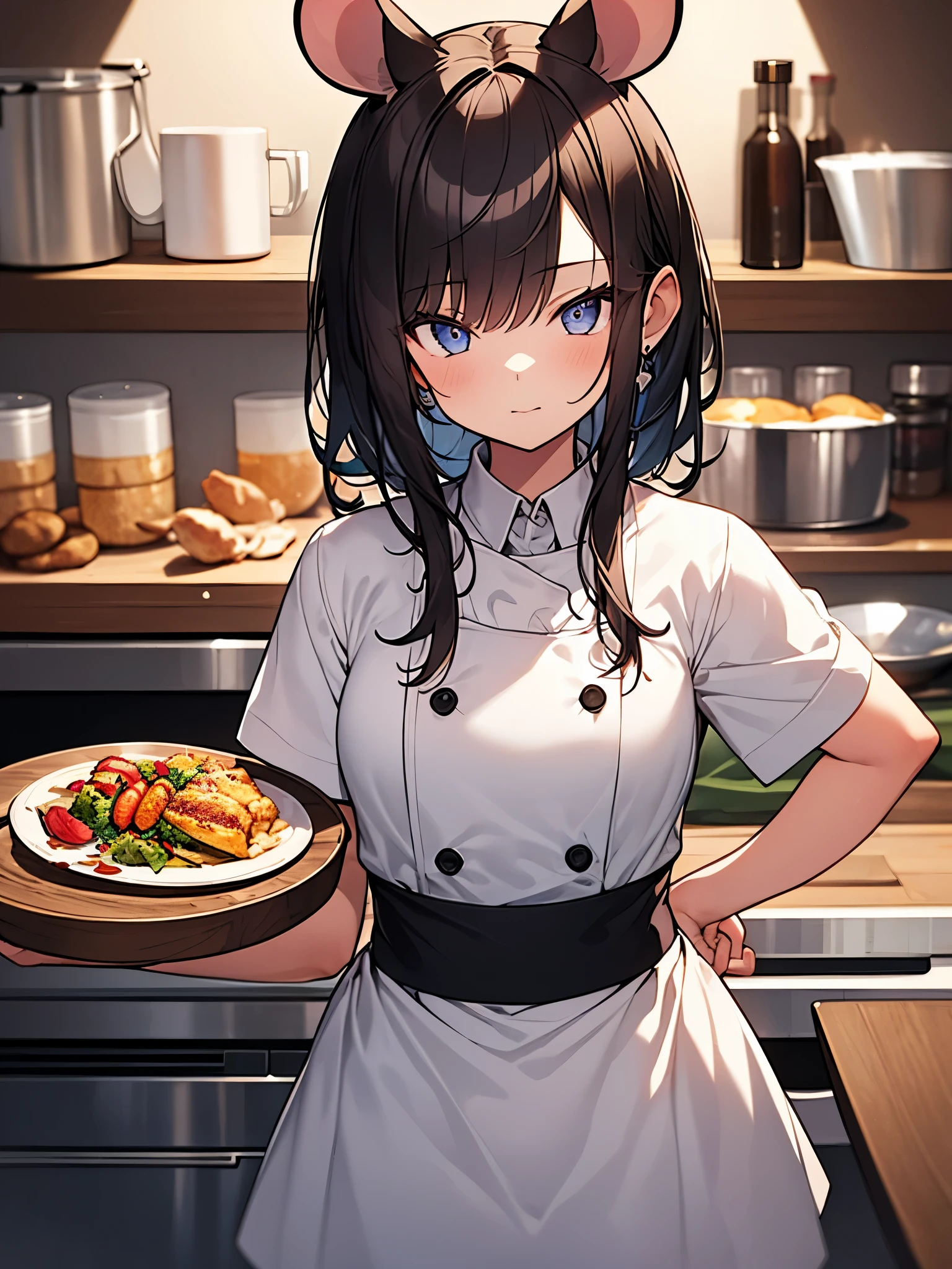 masterpiece, Best Quality, Perfect Face, Highest Resolution, Best Quality,Detailed depiction of the eyes, 8k, RimWorld, ratkin, 1 girl, young, small, Slender body, Big mouse ears, Chef&#39;s clothing, Chef&#39;s hat, 