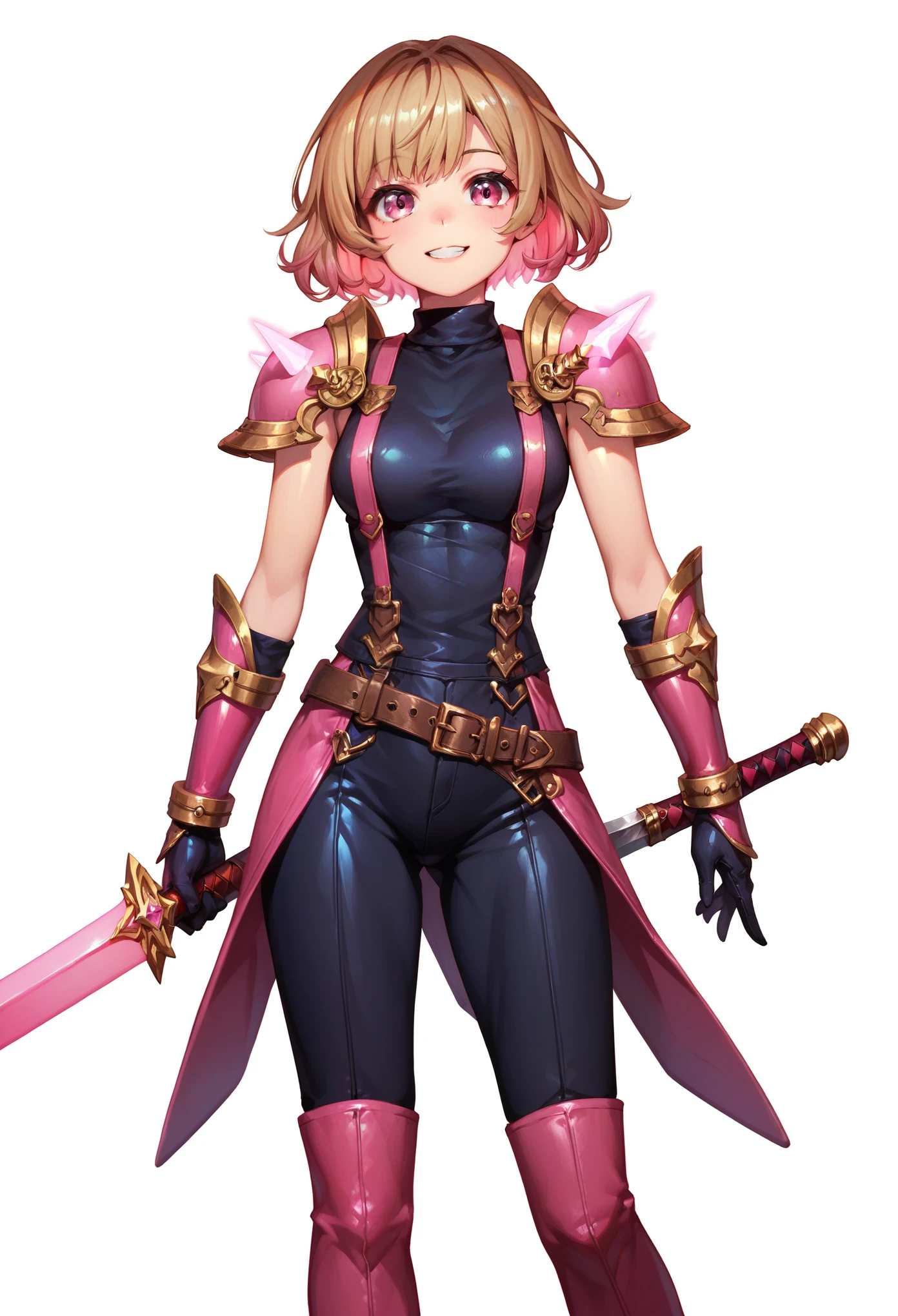 (masterpiece, best quality:1.2), pink glowing eyes, pink eyes, perfect face,Mami nanami , strong make up, highres, 1 girl, solo, make up, (female:1.5), multcolored hair, shoulder armor,  sleeveless turtleneck, cute outfit suspenders, belt, gloves, bracer,  cute smile, standing, portrait, looking at viewer, holding a giant sword on the back, long leather boots, fullbody shot