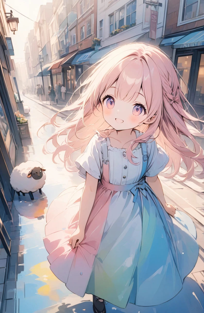 (High resolution, Attention to detail, high quality, High resolution, 最high quality, 4K, 8k, Awards)、Sheep, One girl, Pink fluffy hair, Thick eyebrows, A neat and clean dress based on white and light blue, Warm light atmosphere, Hold your hand over your forehead and smile, Look up at the sky, City sidewalk after the rain, puddle, Rainbow-colored light shines：light source：Rainbow overlay:1.3