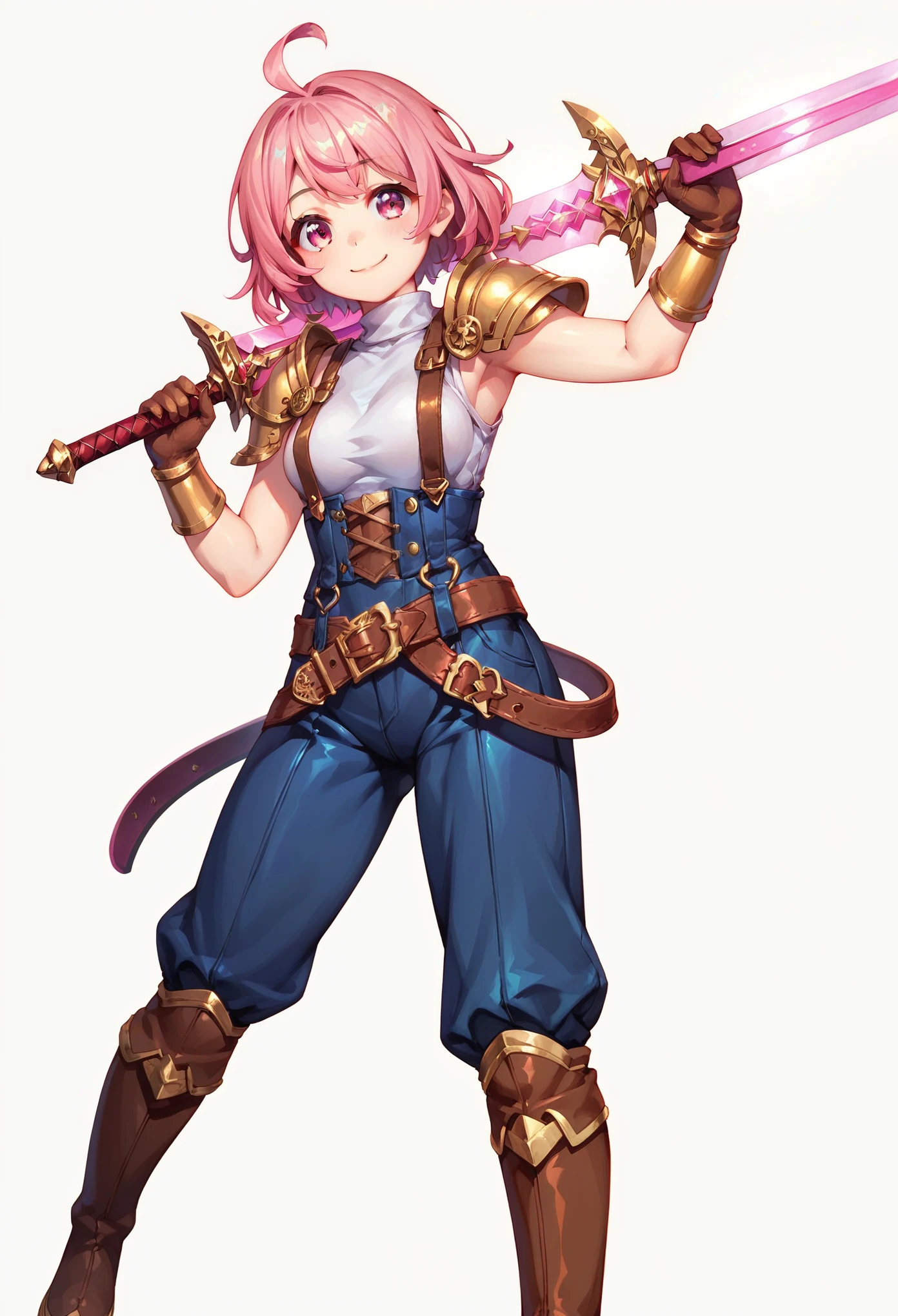 (masterpiece, best quality:1.2), pink glowing eyes, pink eyes, perfect face,Mami nanami , strong make up, highres, 1 girl, solo, make up, (female:1.5), multcolored hair, shoulder armor,  sleeveless turtleneck, cute outfit suspenders, belt, gloves, bracer,  cute smile, standing, portrait, looking at viewer, holding a giant sword on the back, long leather boots, fullbody shot