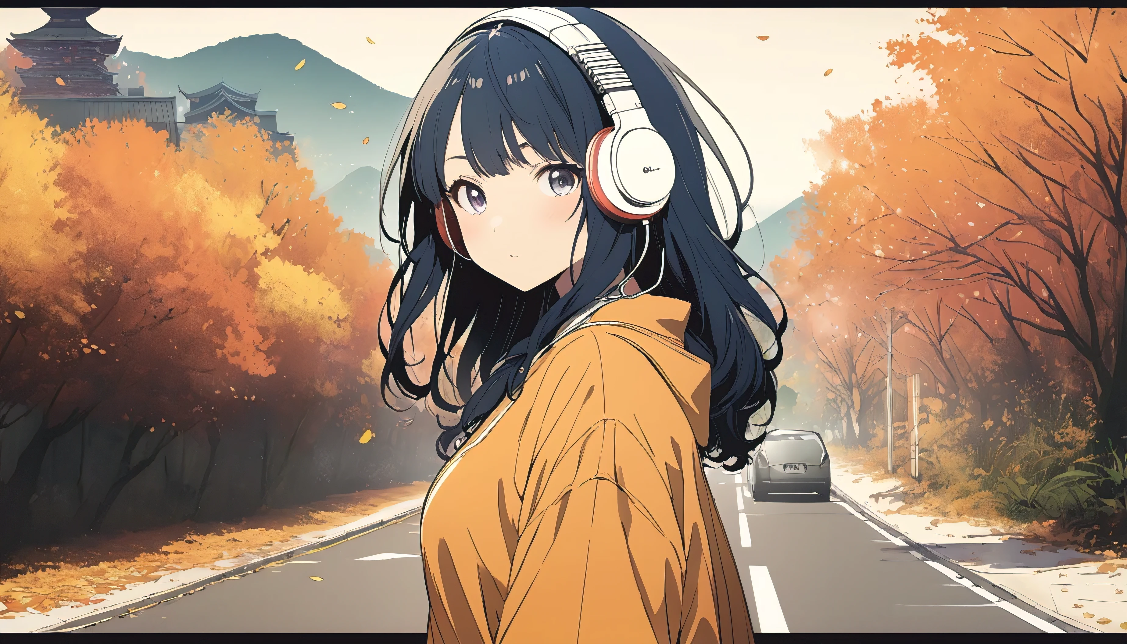 Highly detailed 8k CG, Very detailed:1.3, Very delicate and detailed face:1.3, (Absurd, Texture, masterpiece), Long Hair,Pop Art, pixiv contest winners, by Posuka Demizu, With Kyoto in the background,Dynamic cartoon style illustrations,Autumn outfit,Autumn Walk,headphone