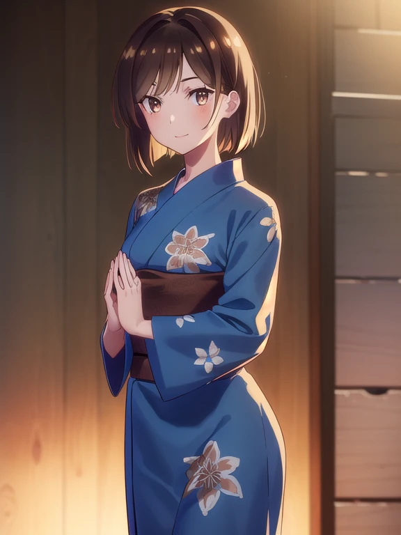 Earphones in ears,A bun is tied up,hair color brown,yukata