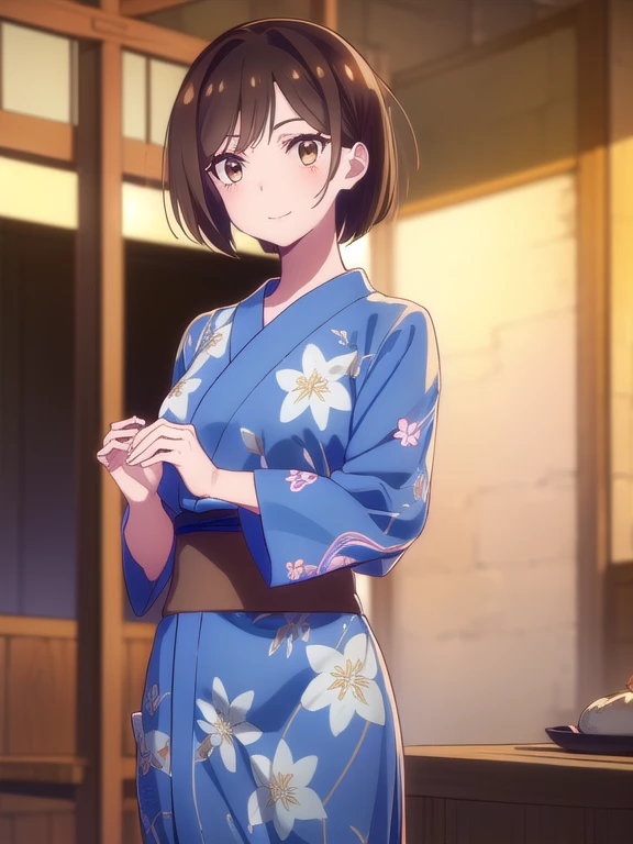 ((Long Bob:1.5, bangs, Brown Hair)),((Blue floral yukata)),mizuharachizuru, Chizuru Ichinose, solo woman, (Brown eyes:1.5),smile,shrine, Festivals, crowd,looking at viewer,(Cowboy Shot:1.5),(masterpiece:1.2), Best Quality, High resolution, Unity 8K Wallpaper, (Illustration:0.8), (Beautiful detailed eyes:1.6), Highly detailed face, Perfect lighting, Highly detailed CG, (Perfect hands, Perfect Anatomy),