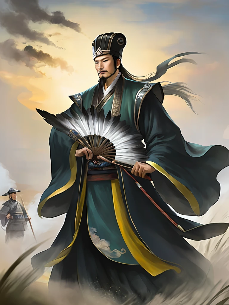 Illustration, masterpiece, Man holding a feather fan、 Black Hanfu, Fabric hat,  Full Shot, On the battlefield 