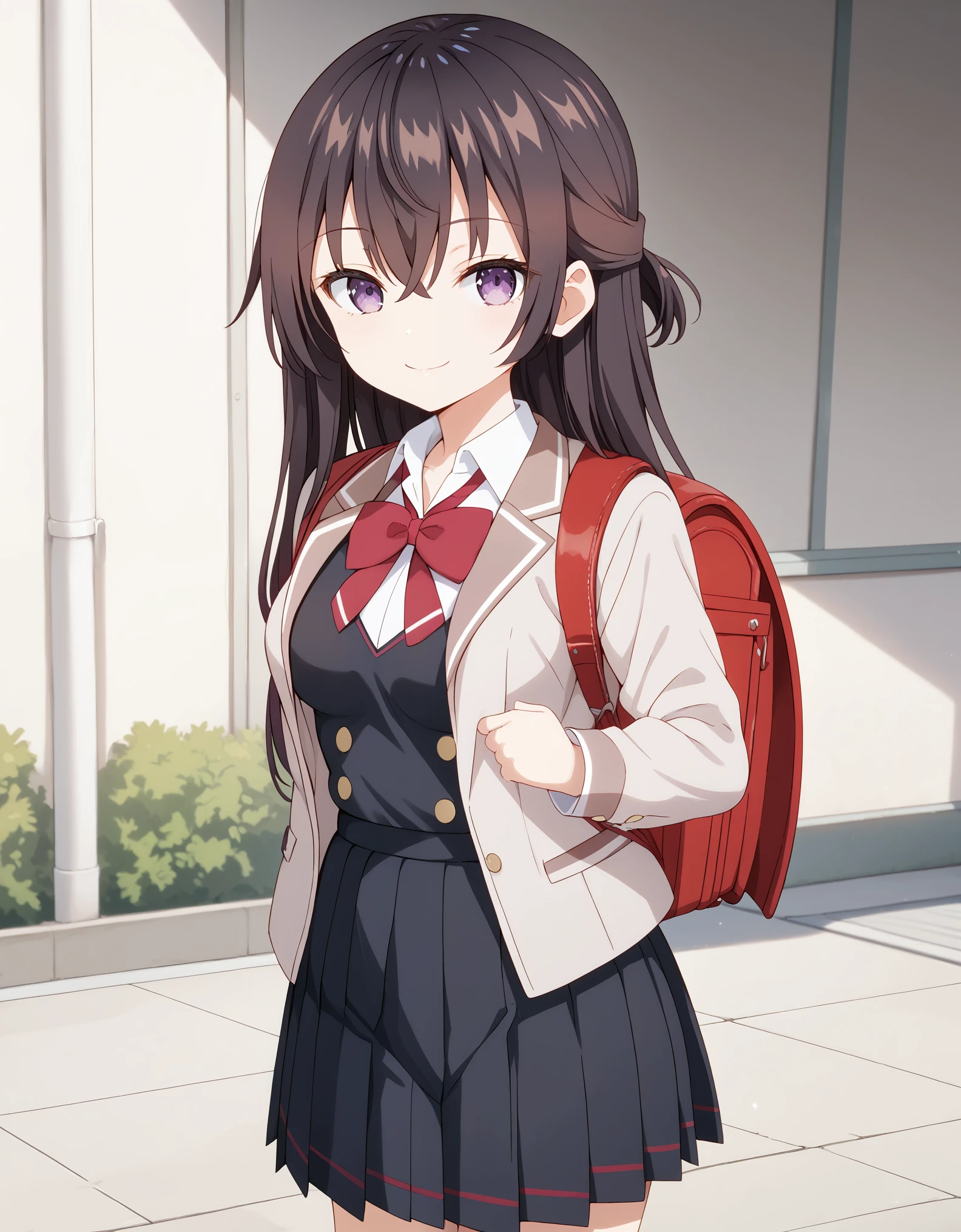 Masterpiece, hd, best quality, 1girl, yukisuou, long hair, bangs, brown hair, black hair, hair between eyes, purple eyes, half updo , medium breasts, shirt, bow, school uniform, jacket, closed jacket, white shirt, collared shirt,red bow tie, red bow, jacket, red bow tie, black skirt, pleated skirt, standing, outdoor, looking at viewer, undefined, alone, cowboy shot, wearing randoseru backpack, red backpack, smile