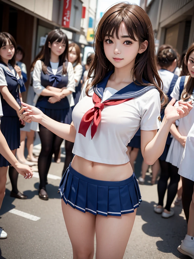 8k, Best Quality, The real picture, Intricate details, Very detailed, Ultra-high resolution, Depth Field, (Realistic,Realistic:1.2), Tabletop, Full Body Shot, (((1 girl))), eye_Chan, so beautiful, innocent big eyes, Beautiful breasts:1.5, 非常に詳細なeye:1.2), (Beautiful breasts:1.1), ((Brown Hair)), (Wavy, short, medium-length hair), (Asymmetrical bangs), Perfect Skin, Fair skin, Small breasts, Tight waist, Alone, Staring at the audience, (smile), (((Sailor suits worn by Japanese high school girls)), (Royal blue pleated mini skirt), (Standing in the crowds of Tokyo)
