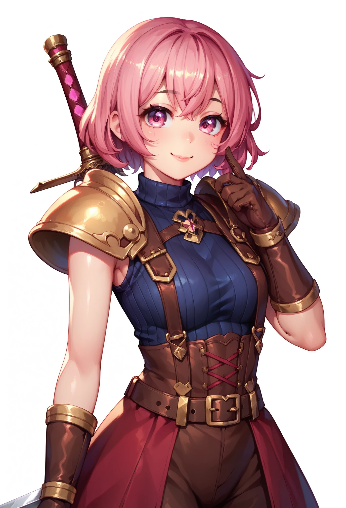 (masterpiece, best quality:1.2), pink glowing eyes, pink eyes, perfect face,Mami nanami , strong make up, highres, 1 girl, solo, make up, (female:1.5), multcolored hair, shoulder armor,  sleeveless turtleneck, cute outfit suspenders, belt, gloves, bracer,  cute smile, standing, portrait, looking at viewer, holding a giant sword on the back, long leather boots, fullbody shot